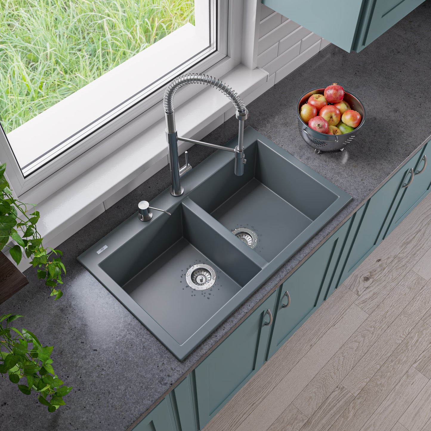 ALFI brand Titanium 34" Drop-In Double Bowl Granite Composite Kitchen Sink