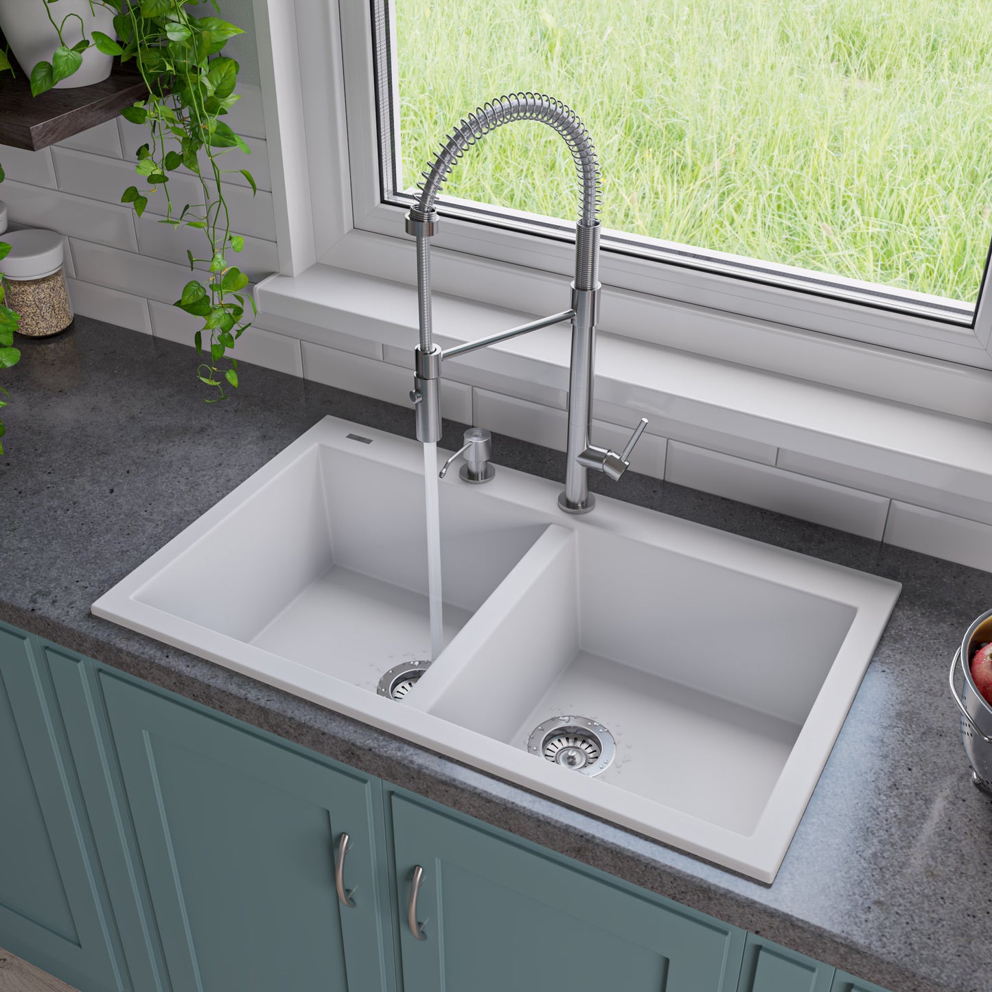 ALFI brand White 34" Drop-In Double Bowl Granite Composite Kitchen Sink