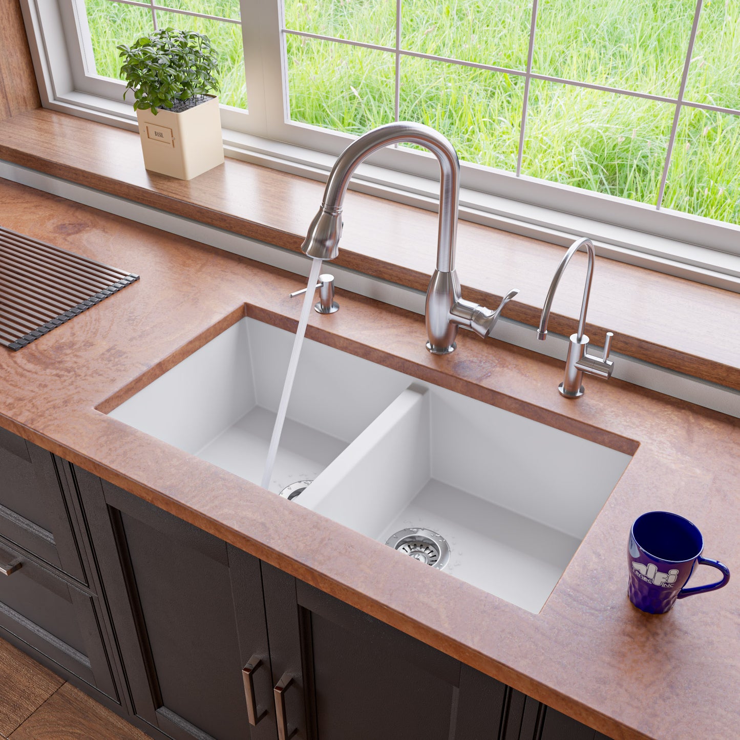 ALFI brand White 34" Undermount Double Bowl Granite Composite Kitchen Sink