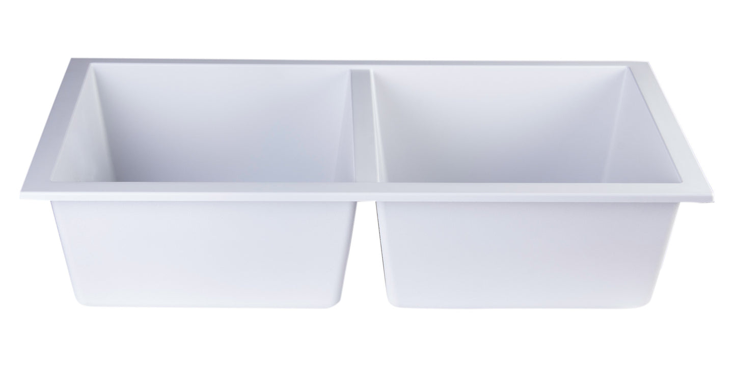 ALFI brand White 34" Undermount Double Bowl Granite Composite Kitchen Sink