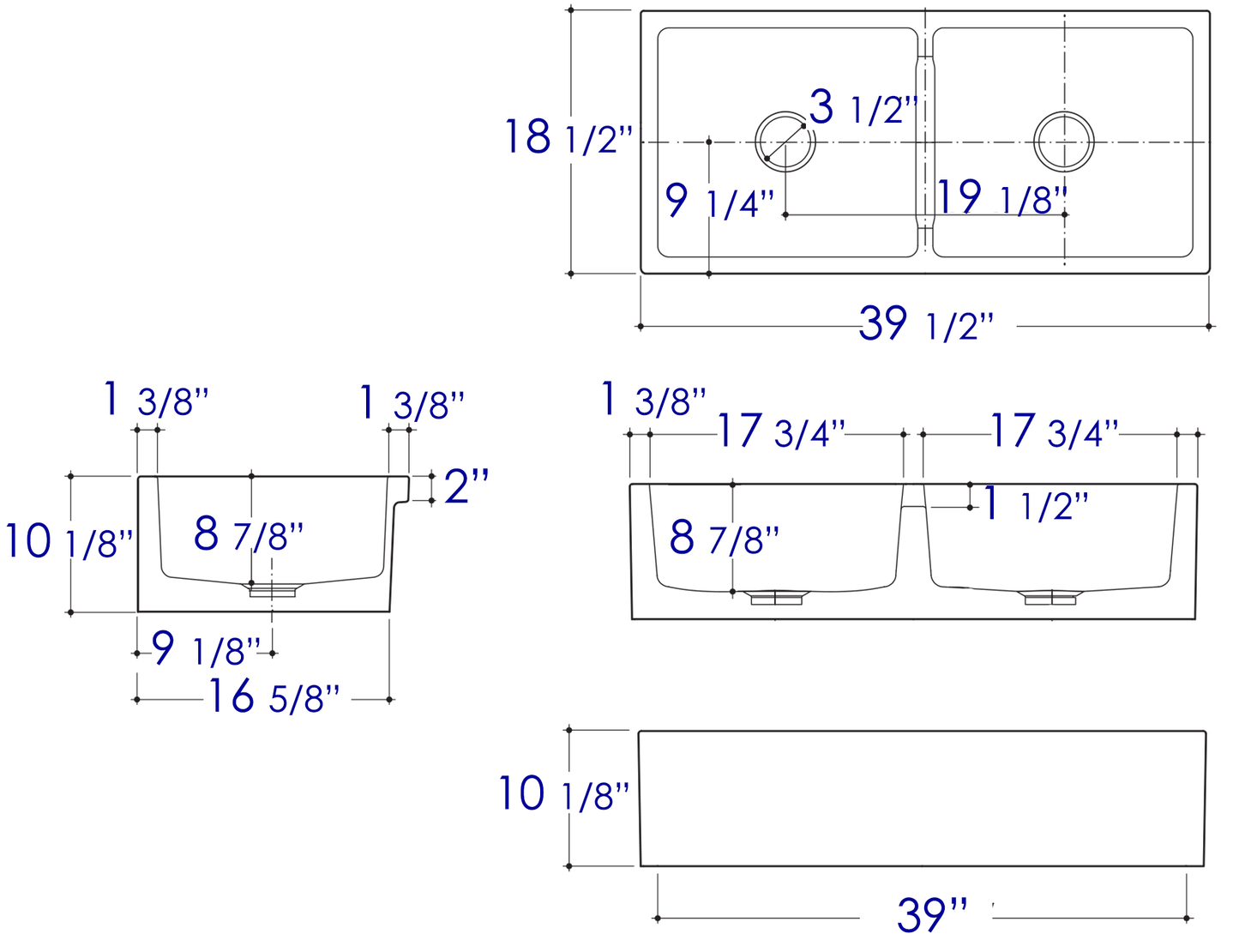 ALFI brand 39" Biscuit Smooth Apron Thick Wall Fireclay Double Bowl Farm Sink