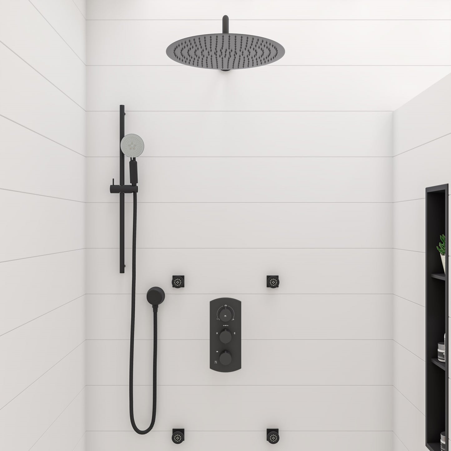 ALFI brand Black Matte 3-Way Thermostatic Valve Shower Mixer Round Knobs