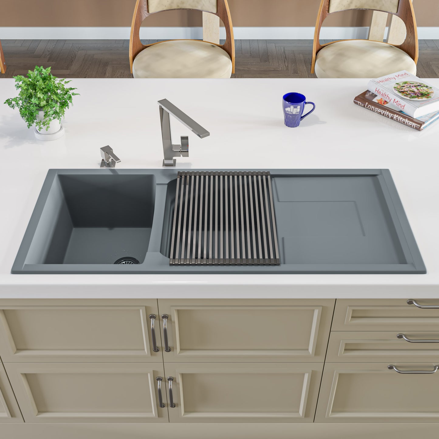 ALFI brand Titanium 46" Double Bowl Kitchen Sink with Drainboard