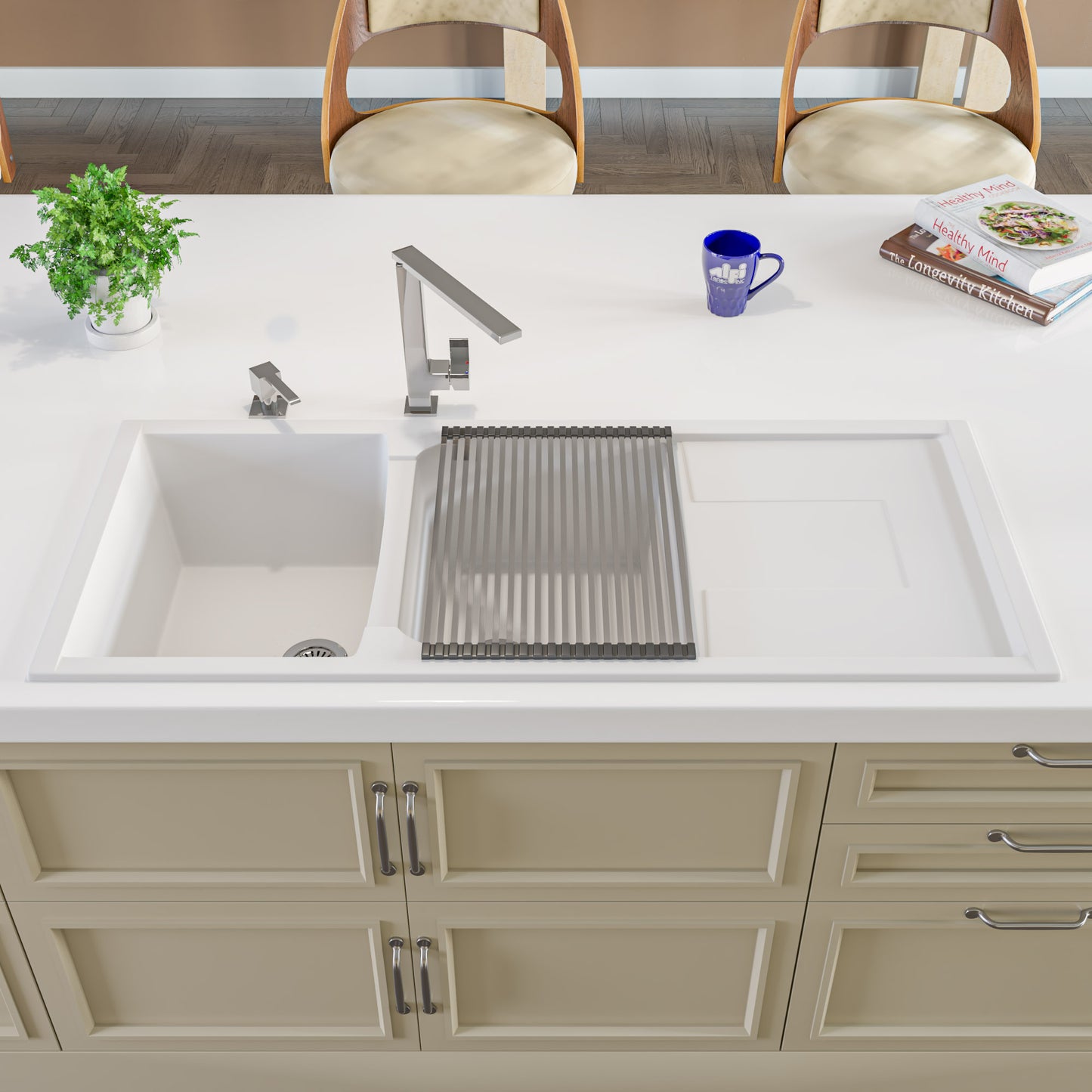 ALFI brand White 46" Double Bowl Granite Composite Kitchen Sink with Drainboard