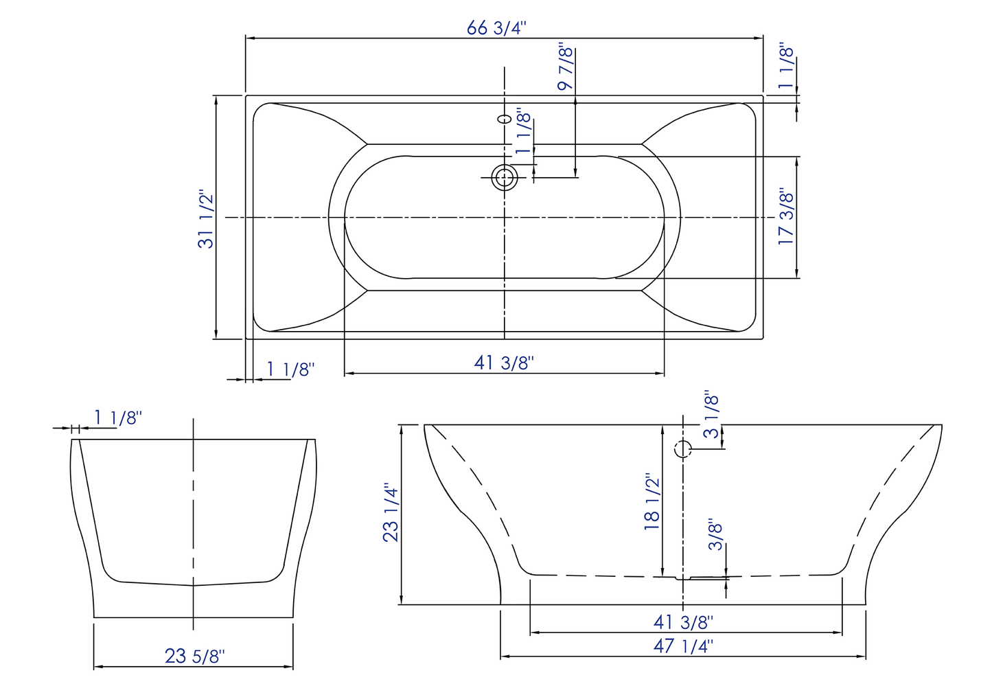ALFI brand AB8840 67 inch Rectangular Acrylic Free Standing Soaking Bathtub