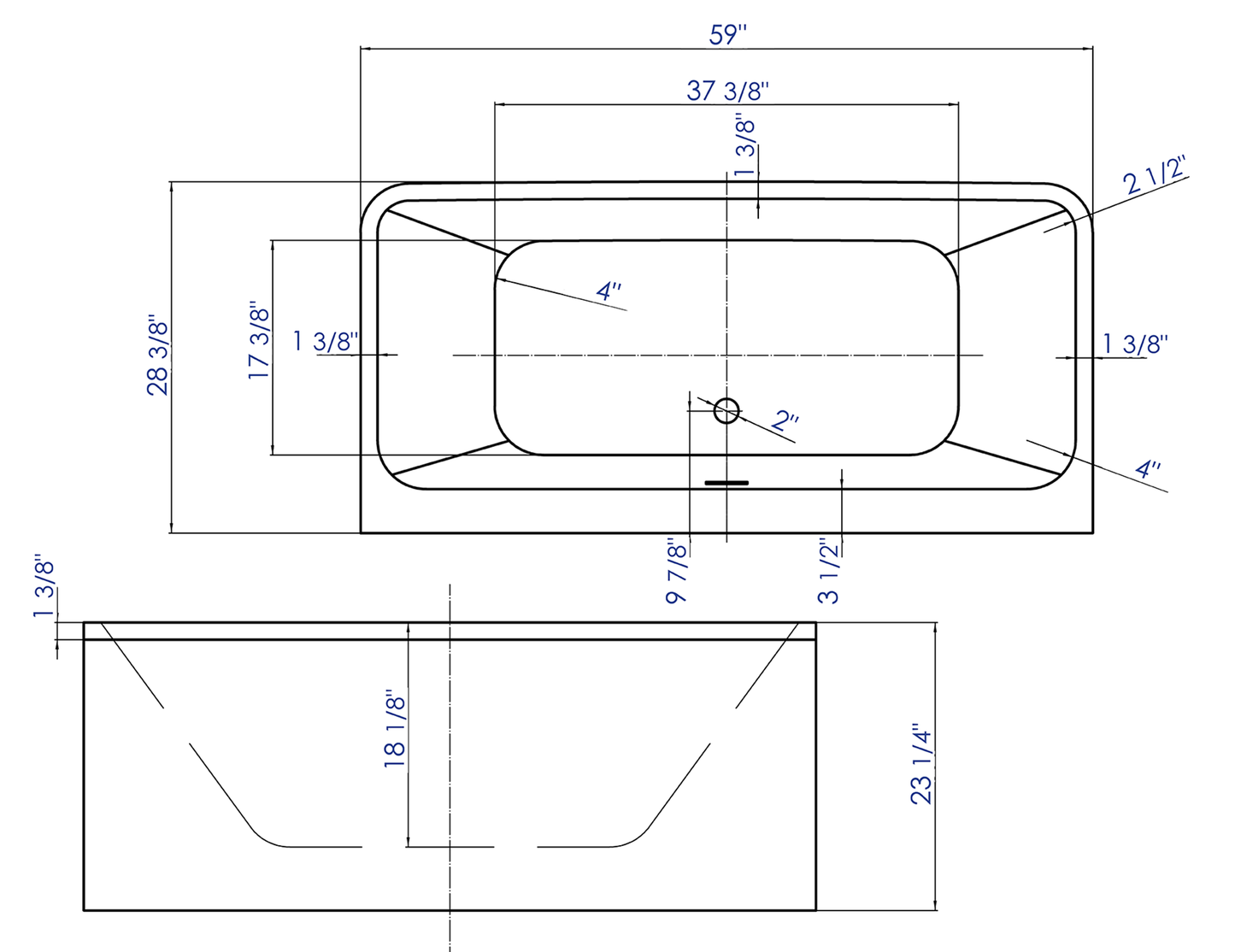 ALFI brand AB8858 59 inch Rectangular Acrylic Free Standing Soaking Bathtub