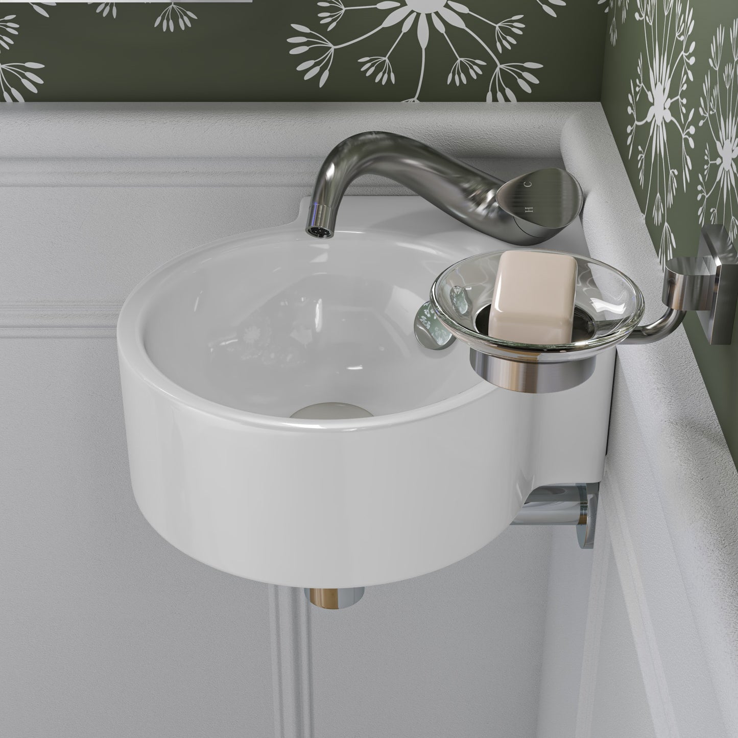 ALFI brand White 17" Tiny Corner Wall Mounted Ceramic Sink with Faucet Hole