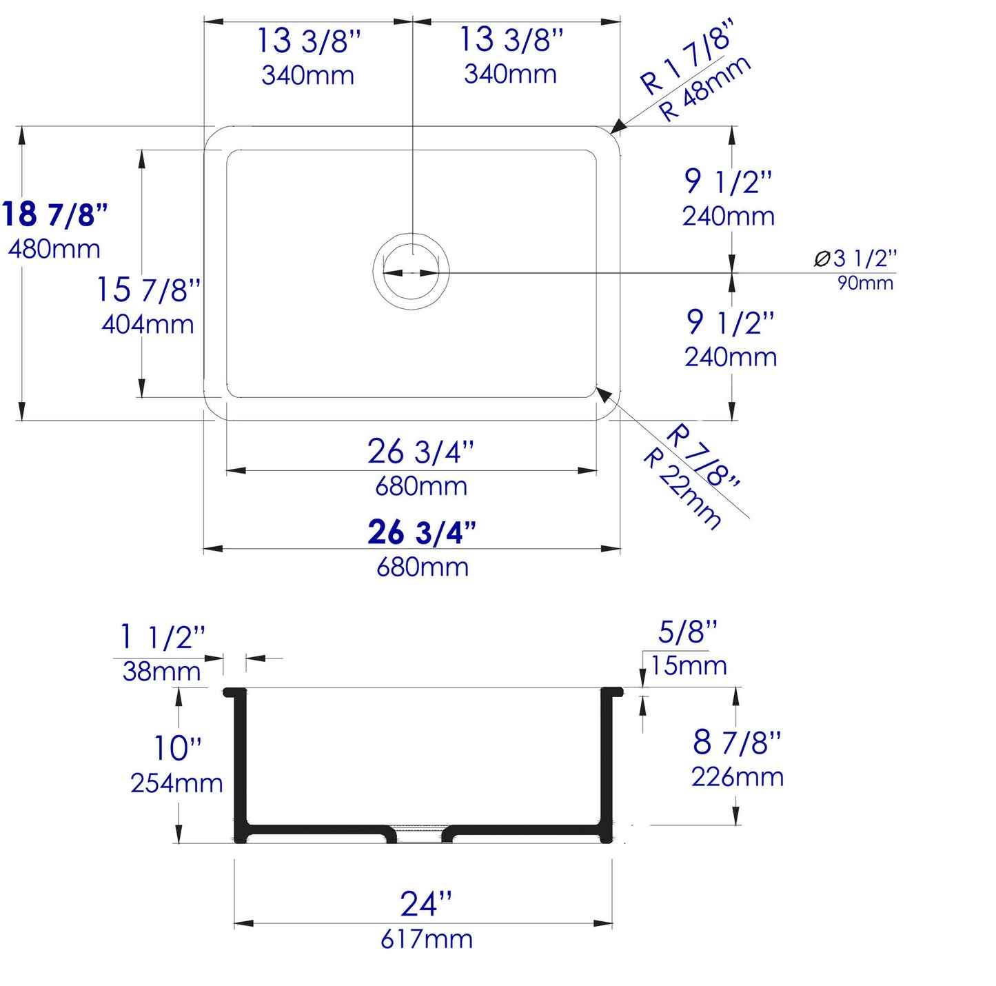 ALFI brand 27" x 18" Fireclay Undermount / Drop In Firelcay Kitchen Sink