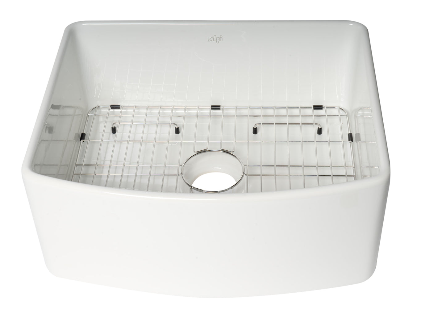 ALFI Brand Smooth Curved 24" x 20" Single Bowl Fireclay Farm Sink with Grid