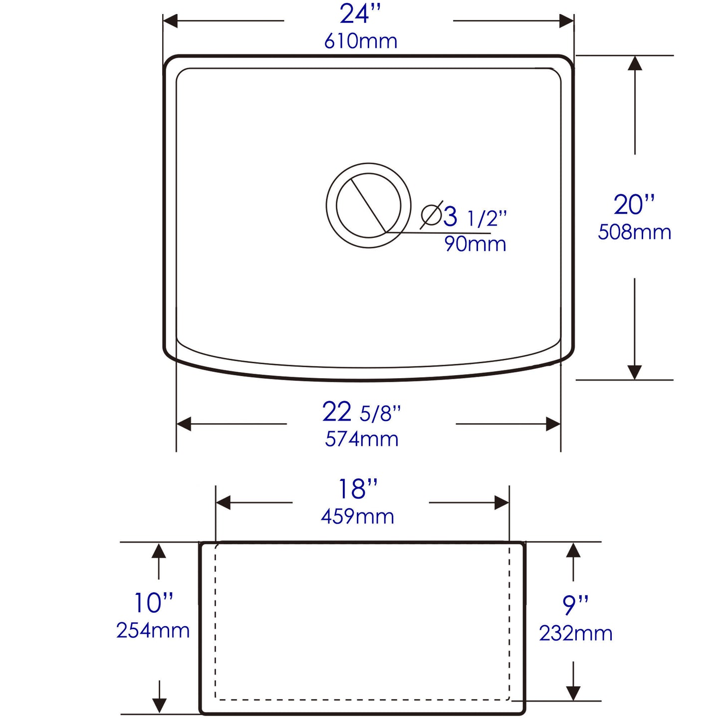 ALFI Brand Smooth Curved 24" x 20" Single Bowl Fireclay Farm Sink with Grid