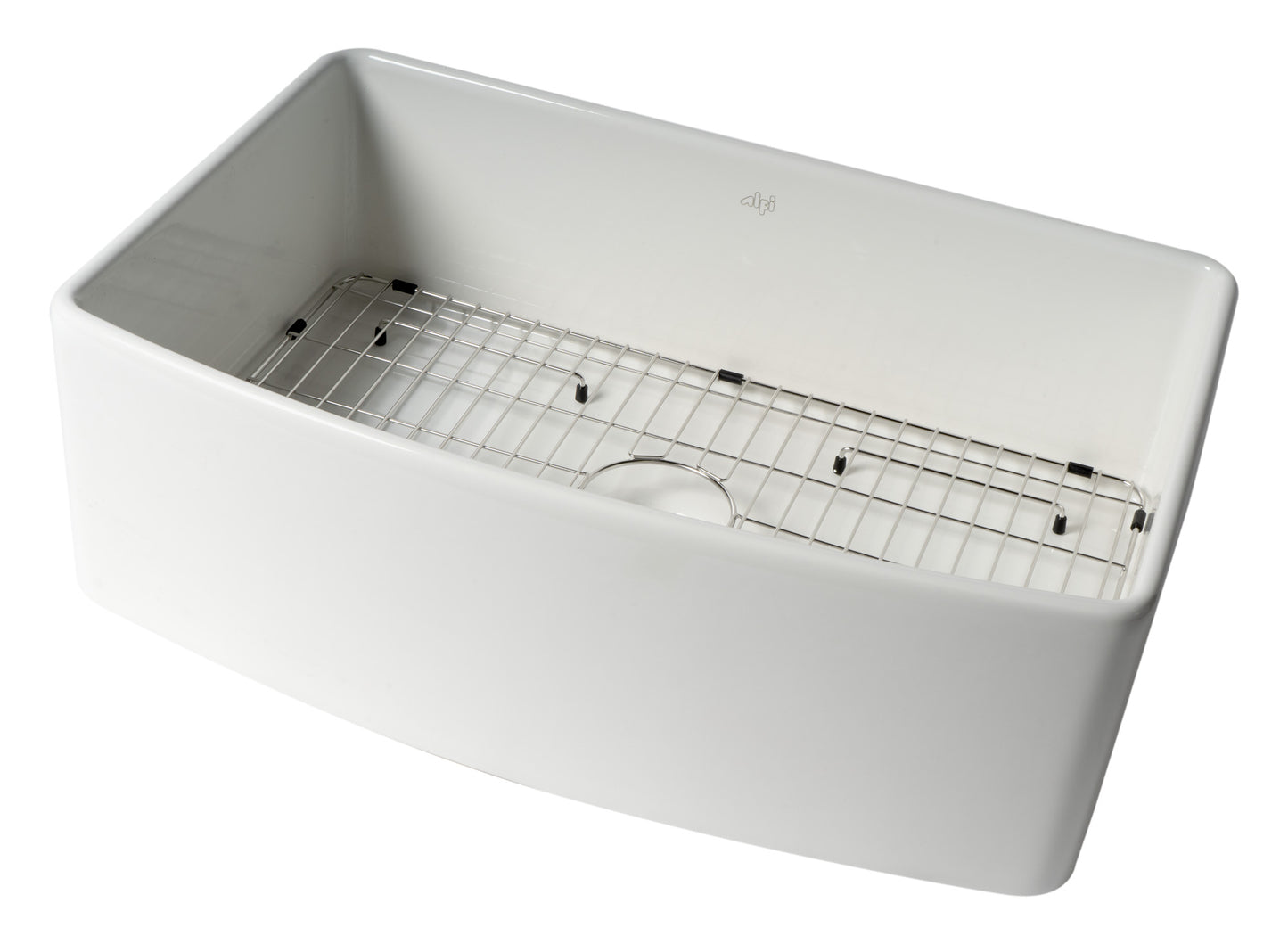 ALFI Brand Smooth Curved 30" x 20" Single Bowl Fireclay Farm Sink with Grid