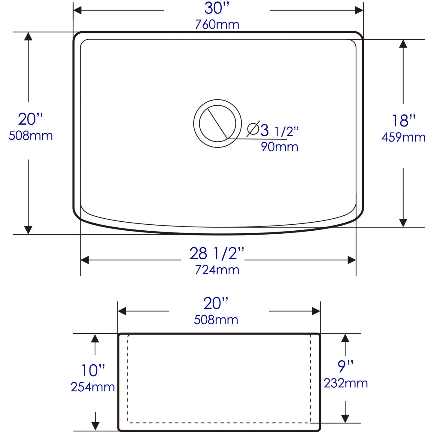 ALFI Brand Smooth Curved 30" x 20" Single Bowl Fireclay Farm Sink with Grid