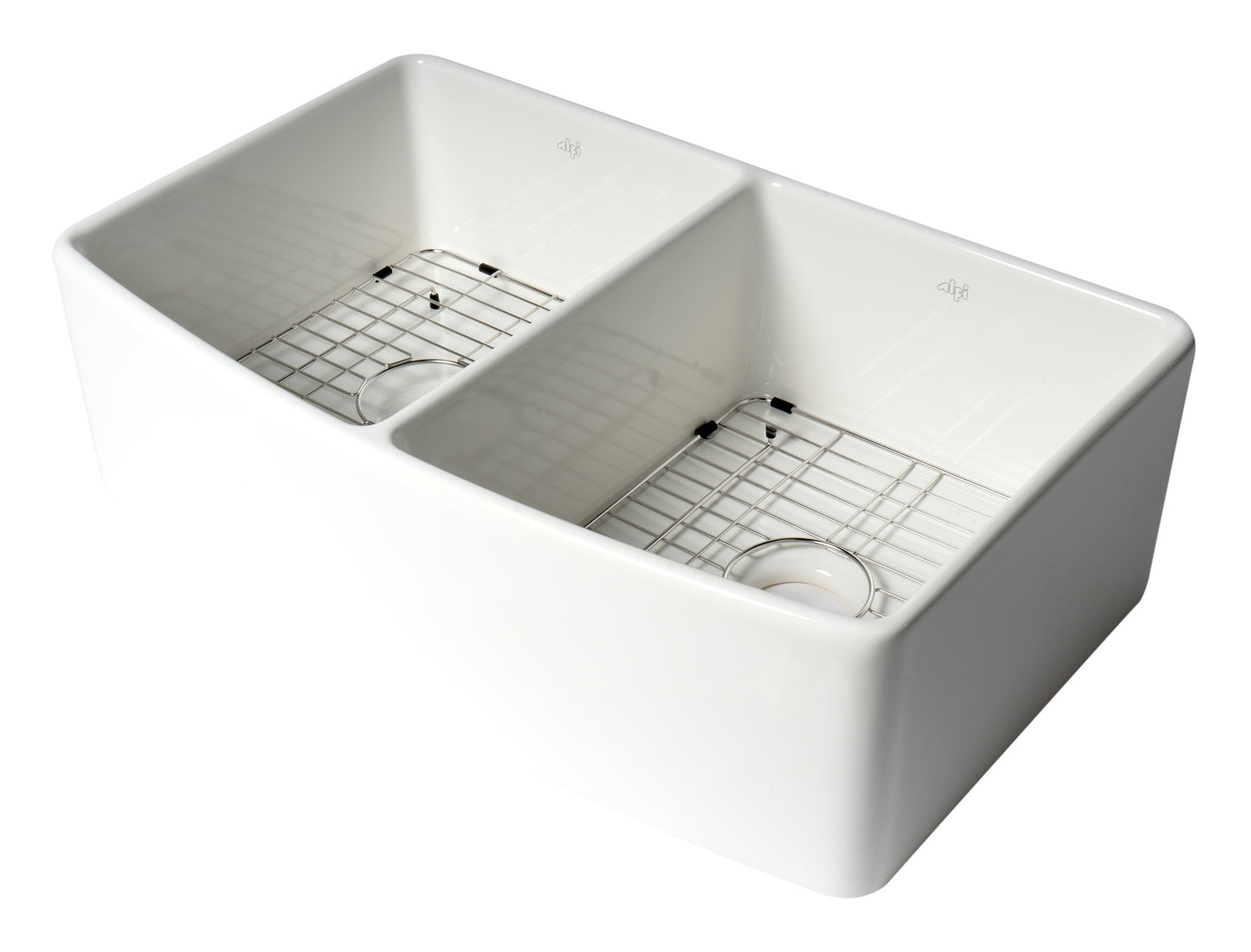 ALFI Brand Smooth Curved 33" x 20" Double Bowl Fireclay Farm Sink with Grid