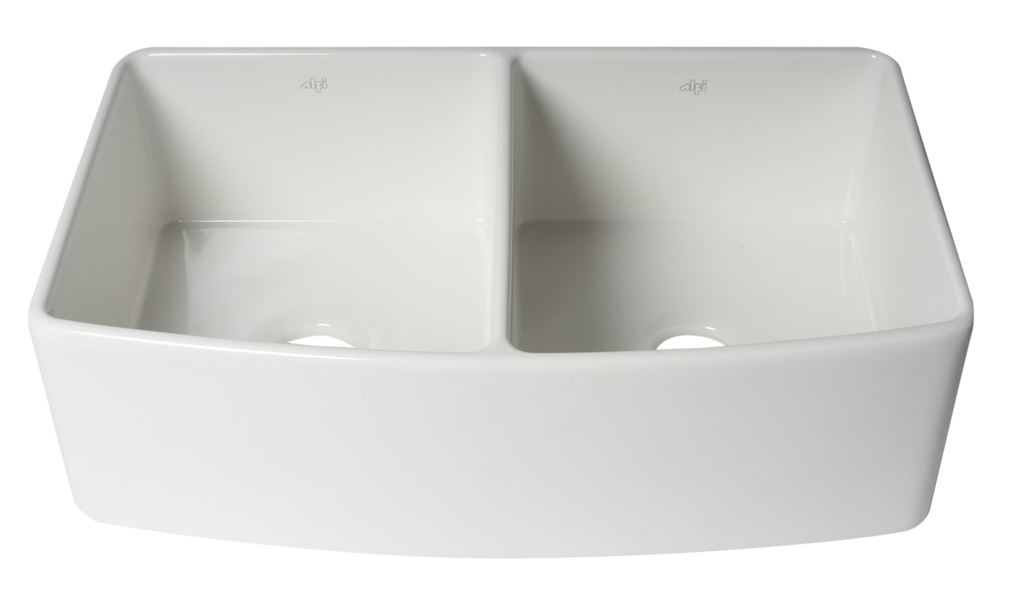 ALFI Brand Smooth Curved 33" x 20" Double Bowl Fireclay Farm Sink with Grid