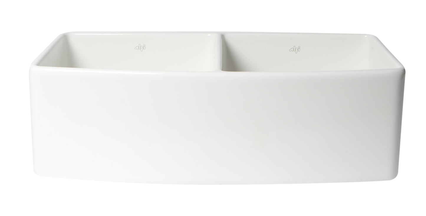 ALFI Brand Smooth Curved 33" x 20" Double Bowl Fireclay Farm Sink with Grid