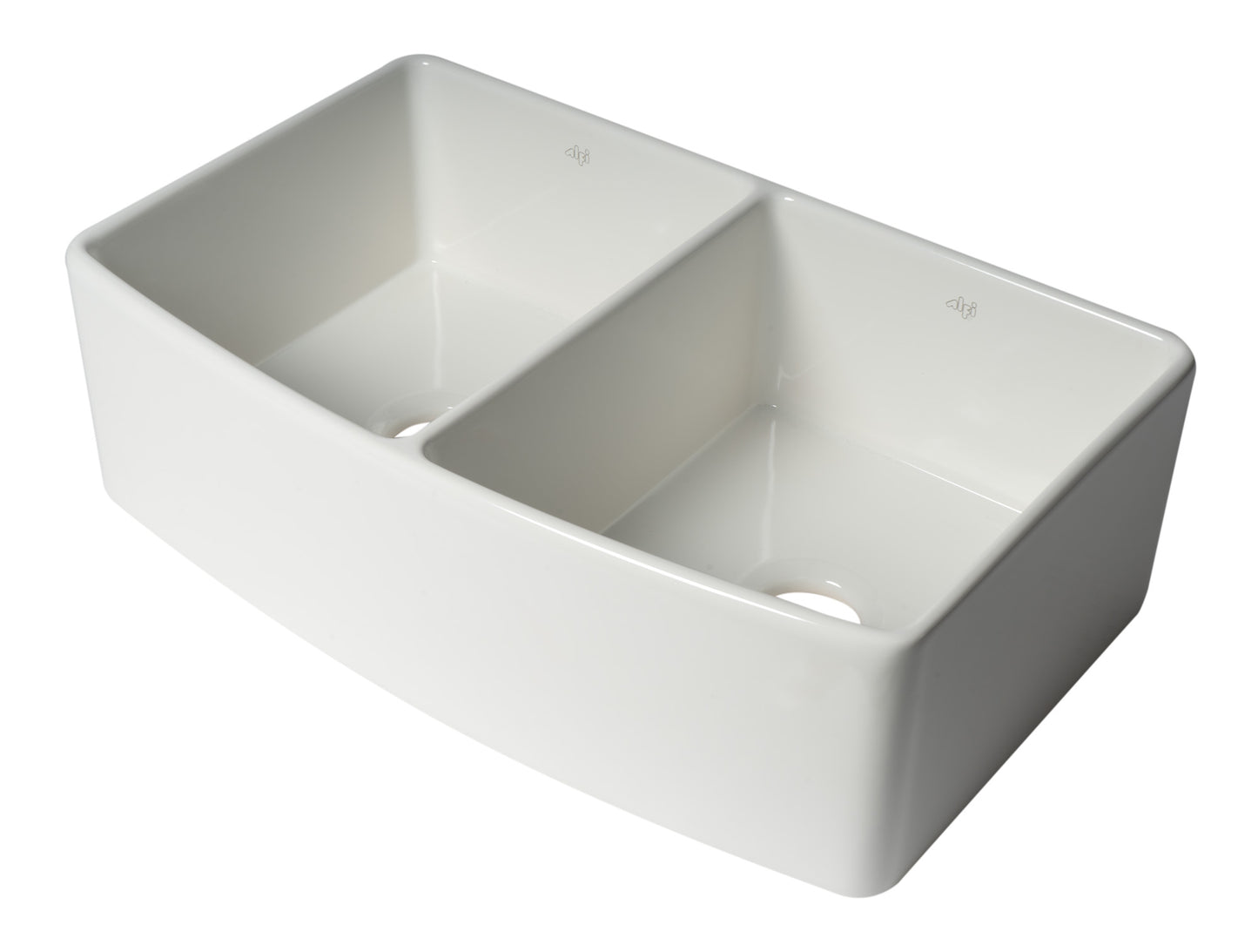 ALFI Brand Smooth Curved 33" x 20" Double Bowl Fireclay Farm Sink with Grid