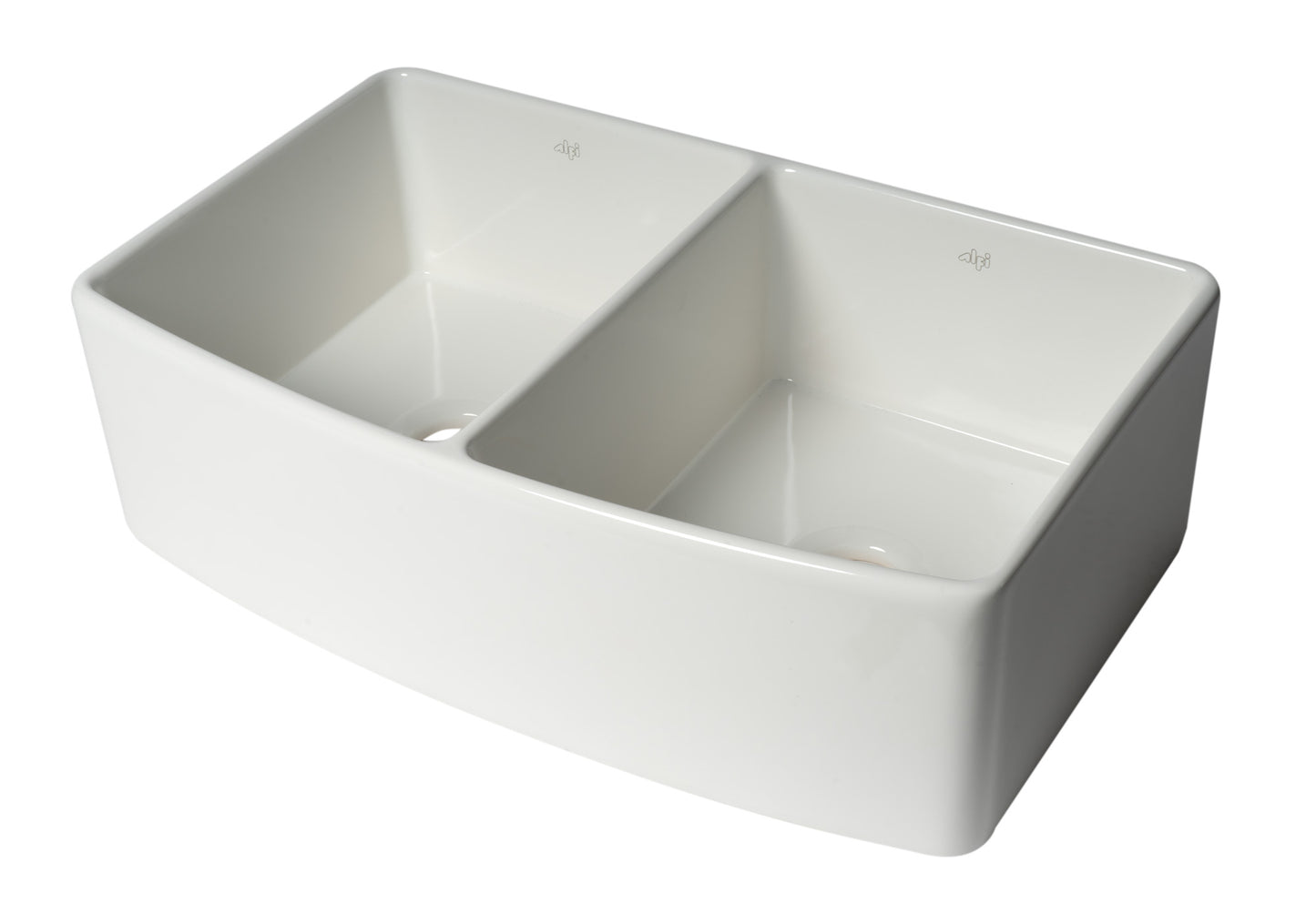 ALFI Brand Smooth Curved 33" x 20" Double Bowl Fireclay Farm Sink with Grid