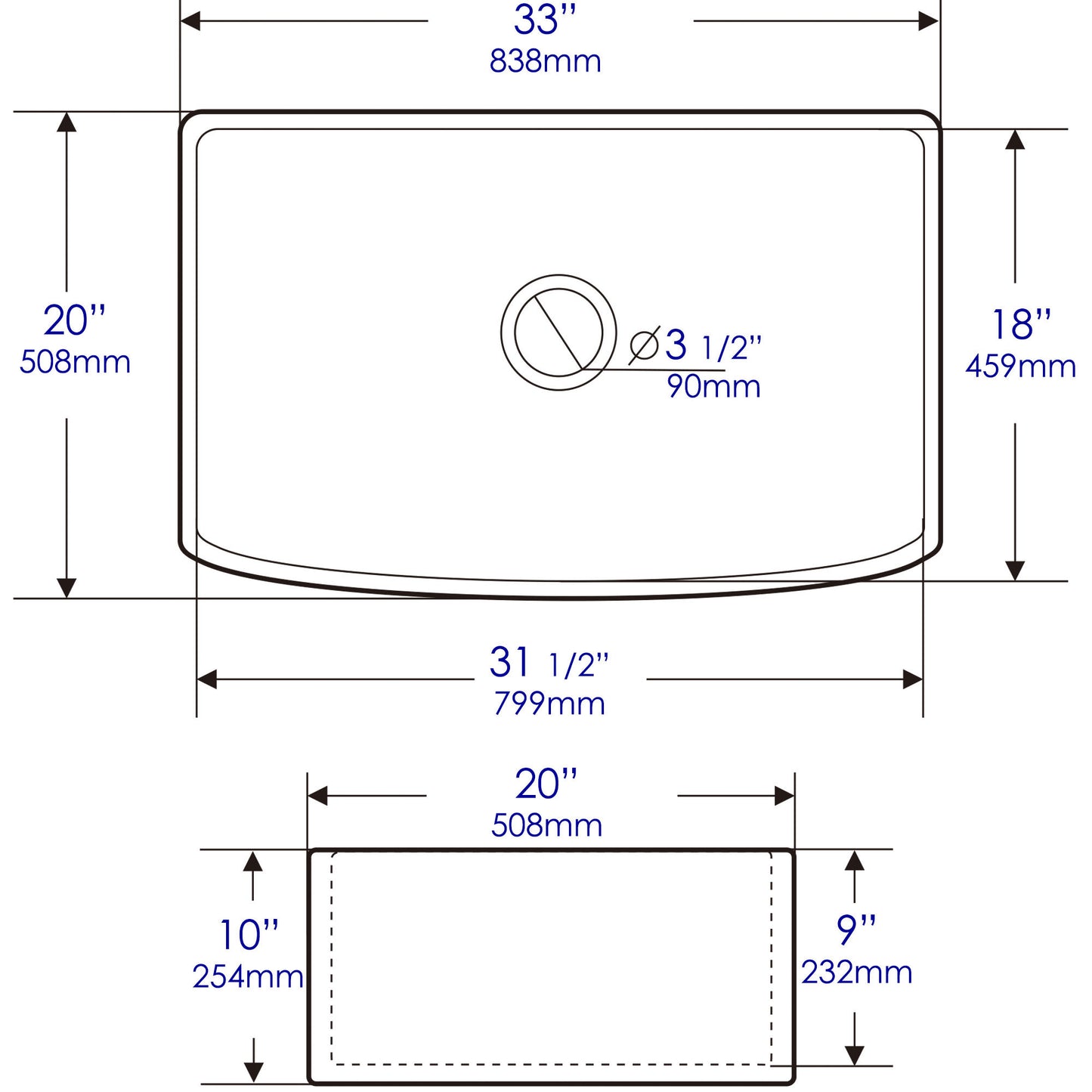 ALFI Brand Smooth Curved 33" x 20" Single Bowl Fireclay Farm Sink with Grid