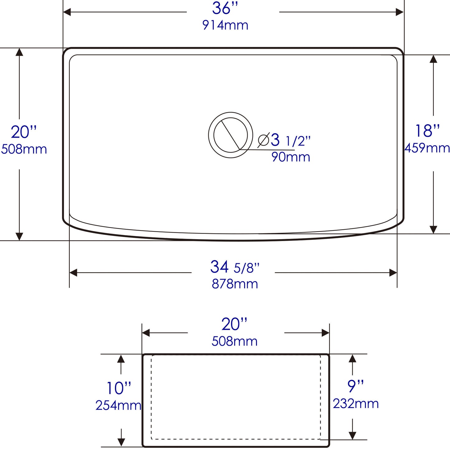 ALFI Brand Smooth Curved 36" x 20" Single Bowl Fireclay Farm Sink with Grid