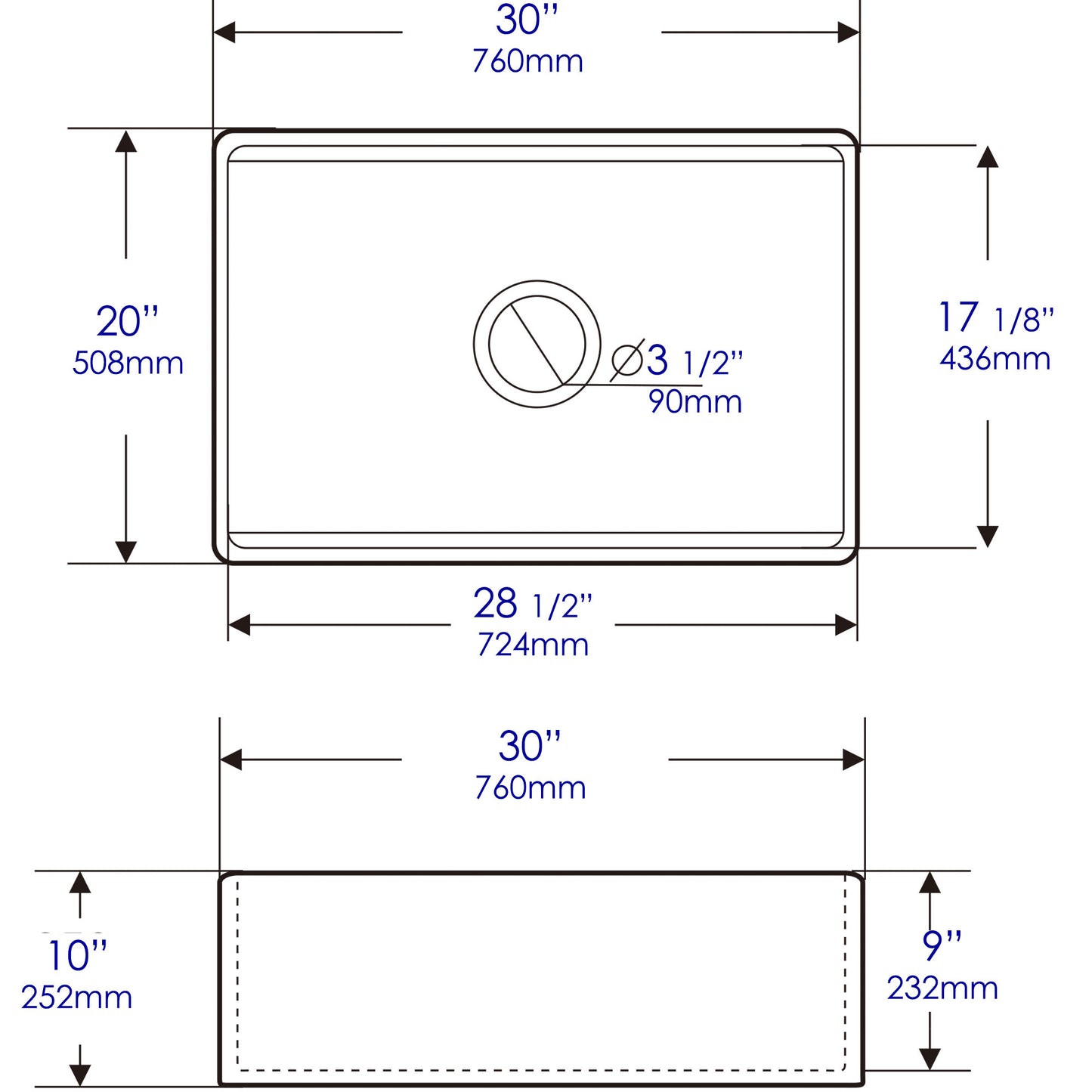 ALFI Brand Smooth 33" x 20" Single Bowl Step Rim Fireclay Farm Sink