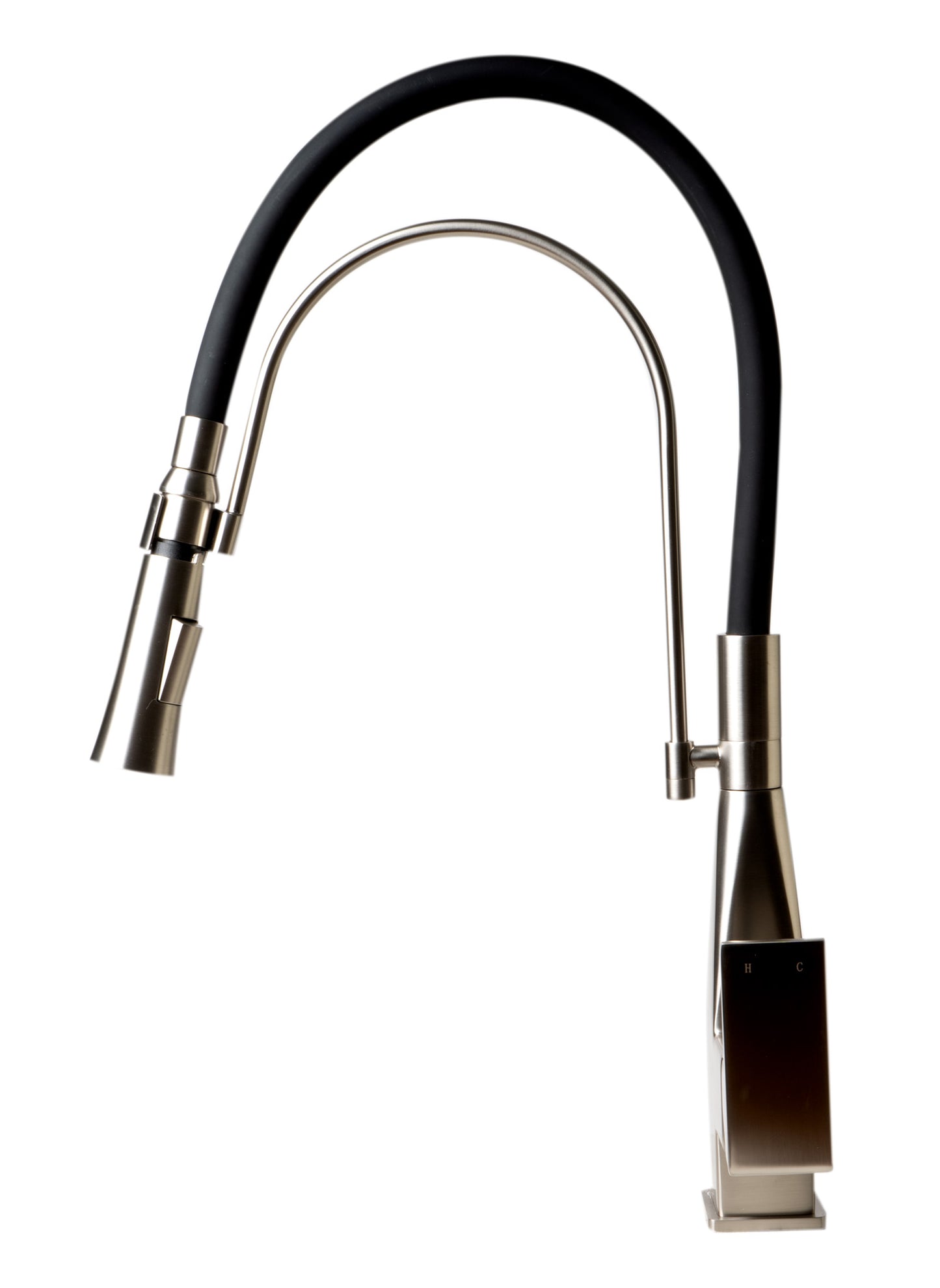 ALFI brand Brushed Nickel Square Kitchen Faucet with Black Rubber Stem