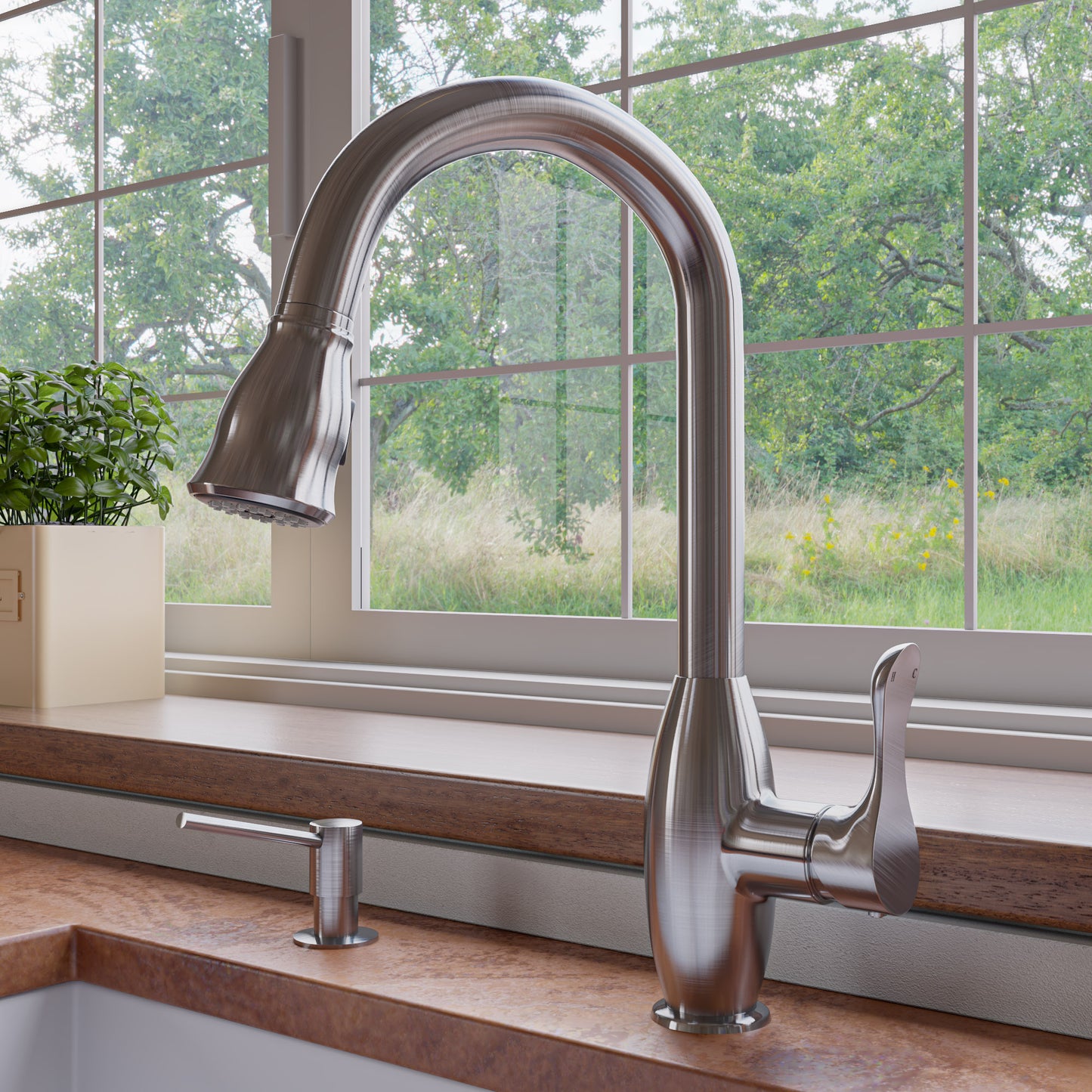 ALFI brand Brushed Nickel Traditional Gooseneck Pull Down Kitchen Faucet