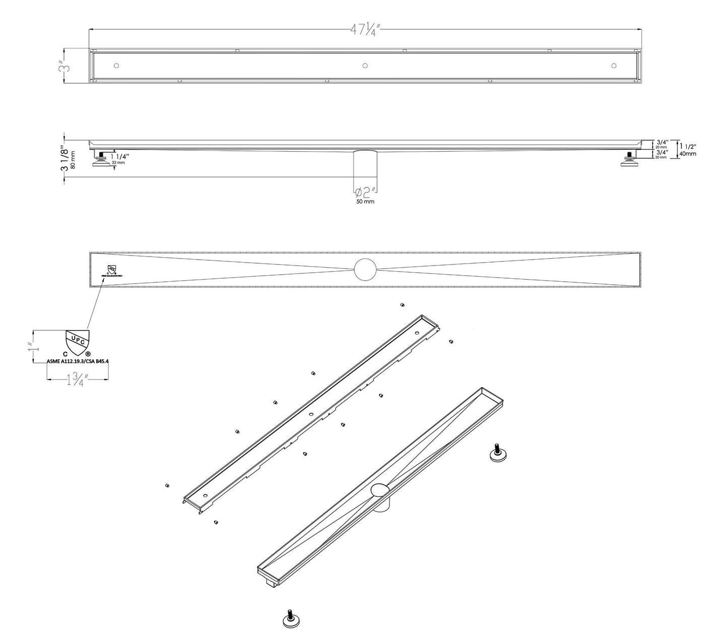 ALFI brand ABLD47A 47" Stainless Steel Linear Shower Drain with No Cover