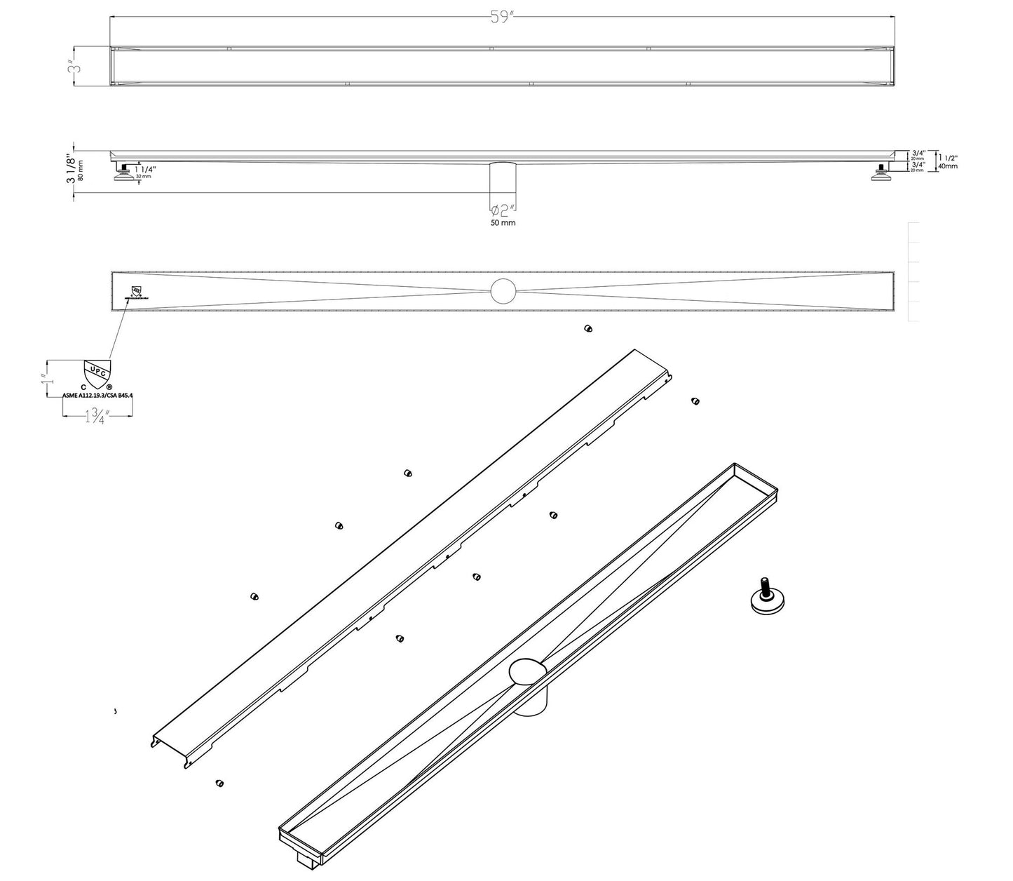 ALFI brand 59" Black Matte Stainless Steel Linear Shower Drain with Solid Cover