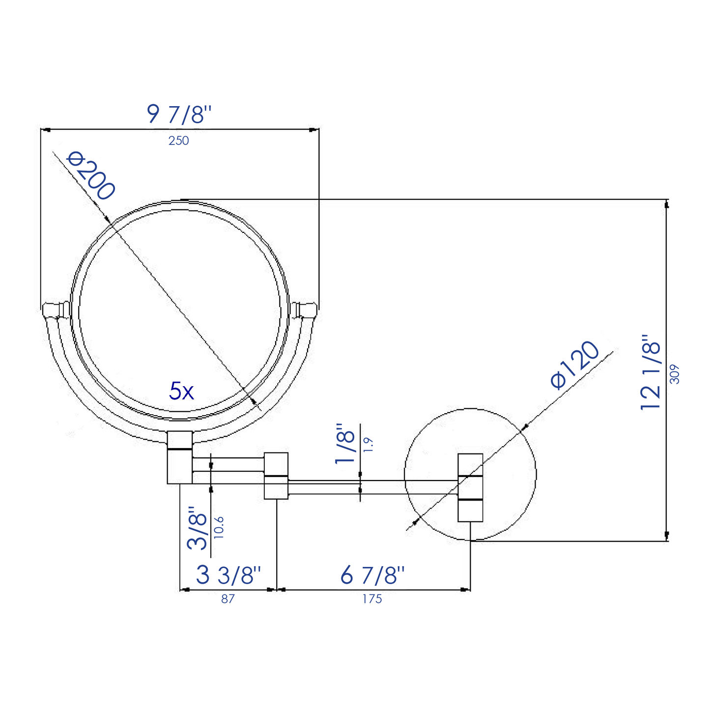 ALFI brand ABM8WR-PC 8" Round Wall Mounted 5x Magnify Cosmetic Mirror