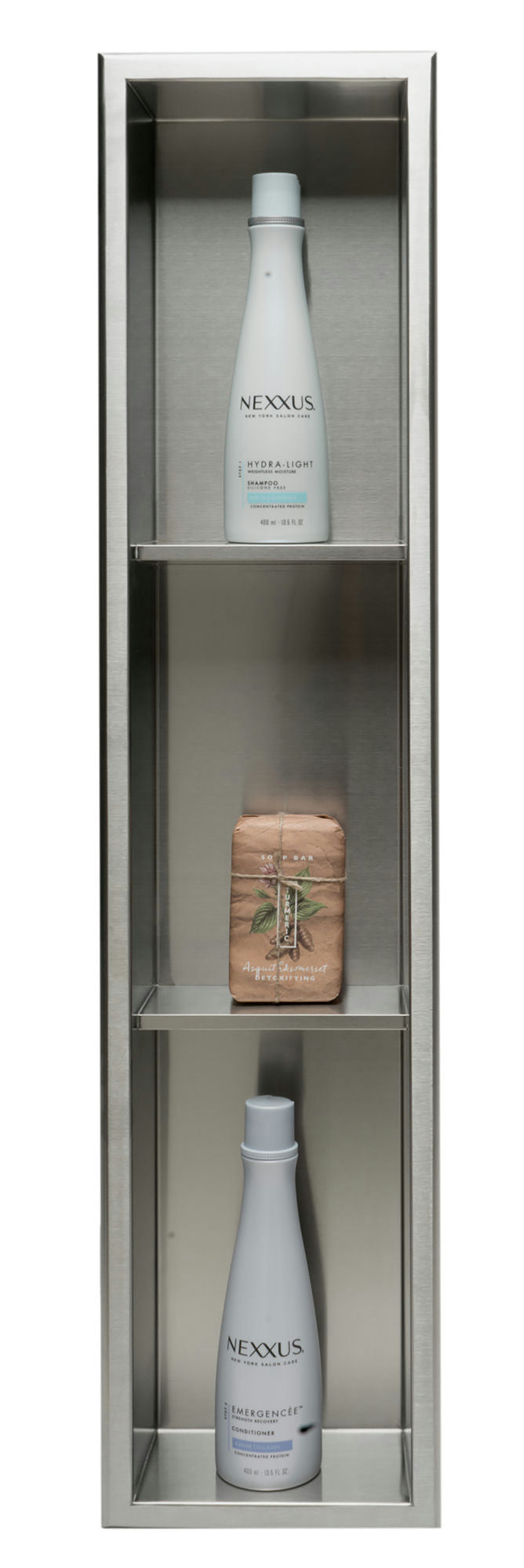 ALFI brand 8 x 36 Brushed Vertical Triple Shelf Bath Shower Niche