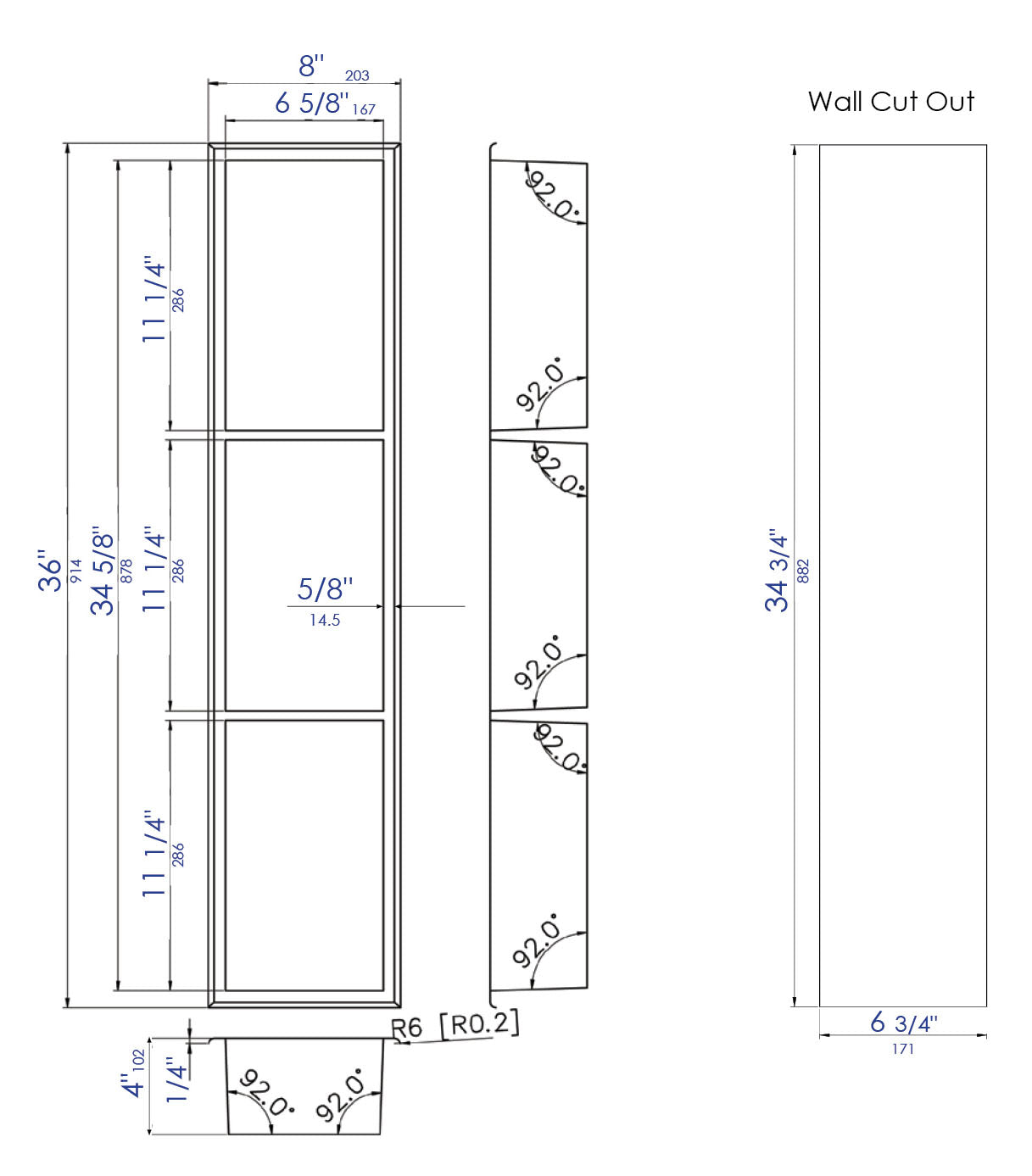 ALFI brand 8 x 36 Brushed Vertical Triple Shelf Bath Shower Niche