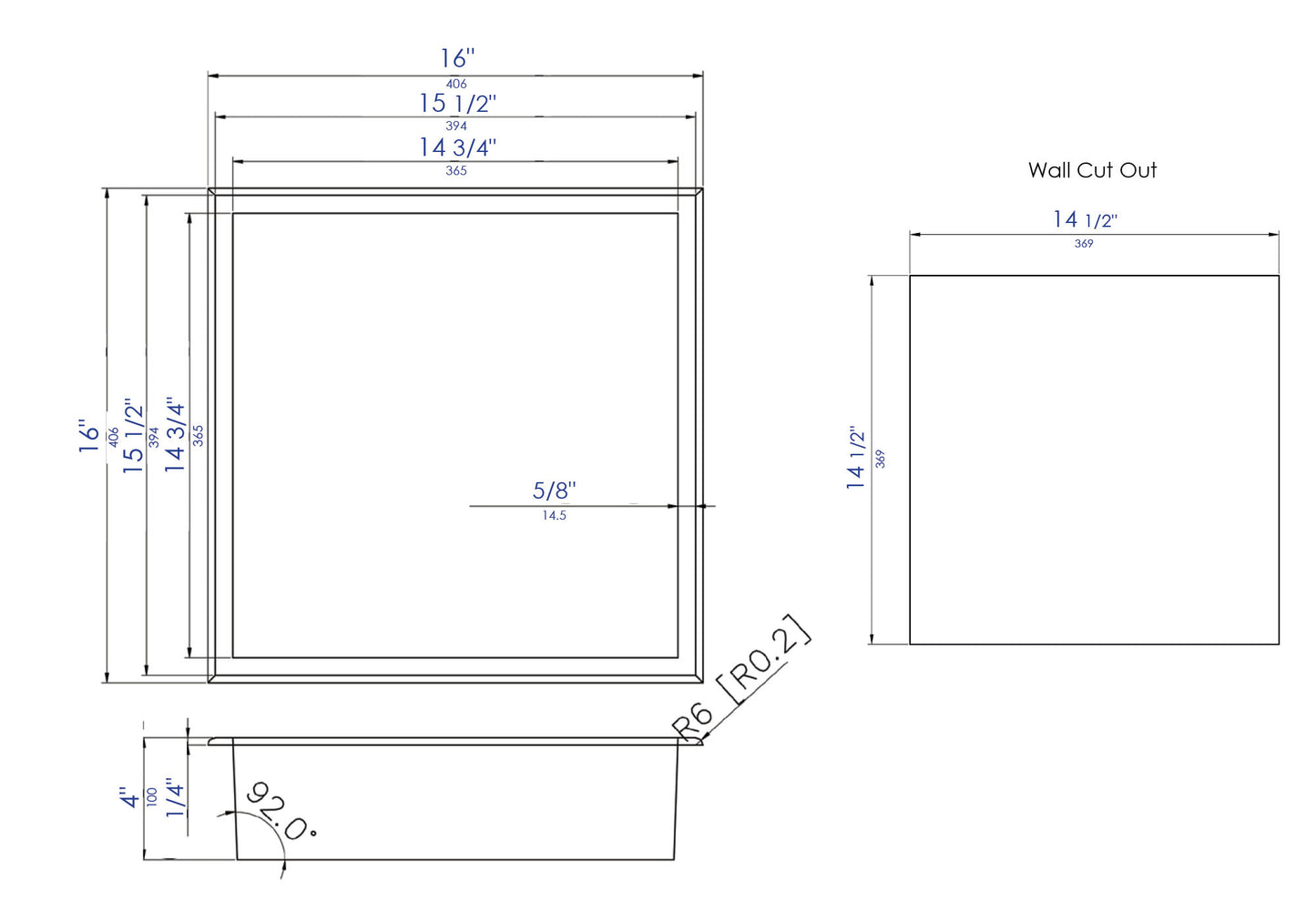 ALFI brand 16" x 16" Brushed Gold PVD Steel Square Single Shelf Shower Niche
