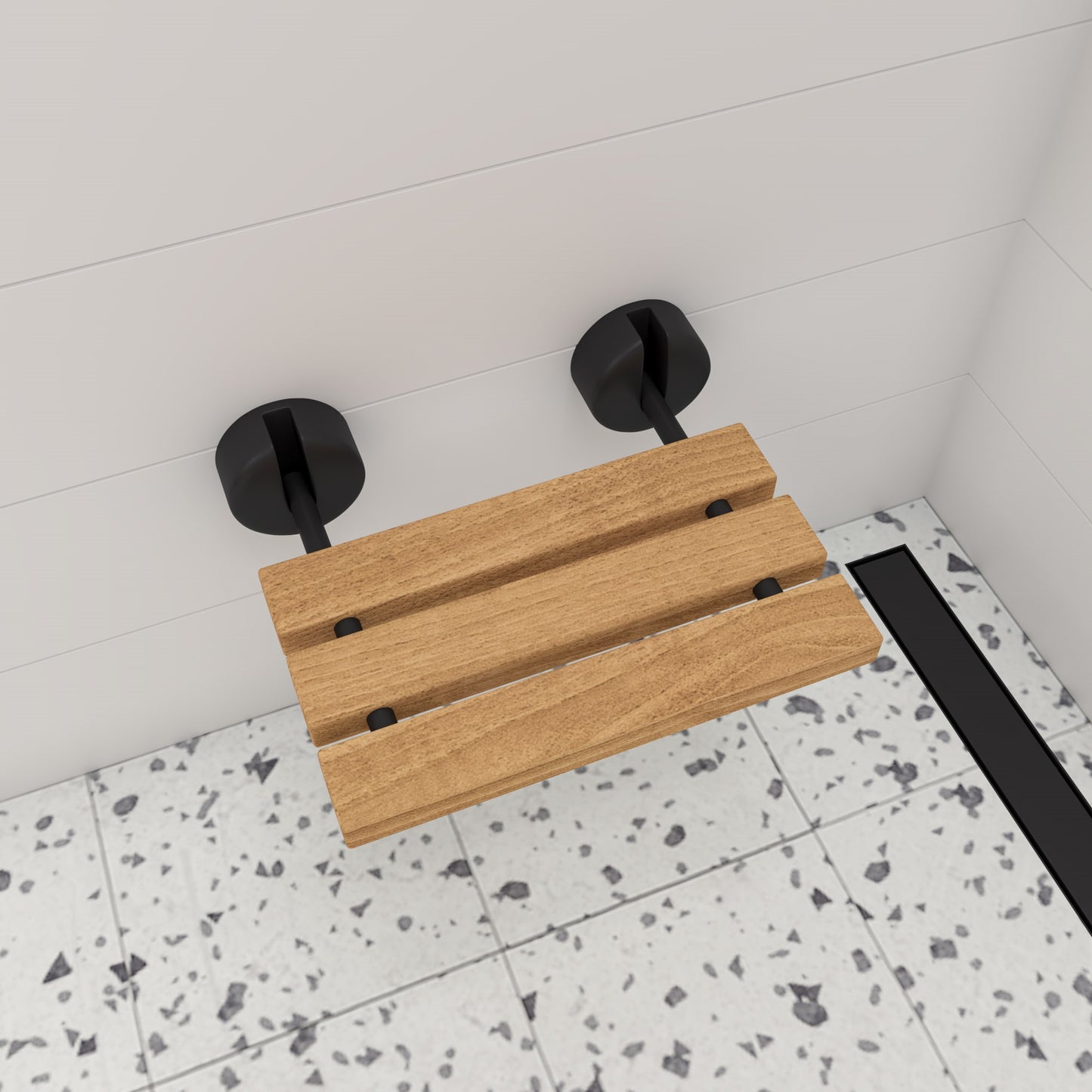ALFI brand Black Matte 16" Wide Foldable Teak Shower Seat with Round Hardware