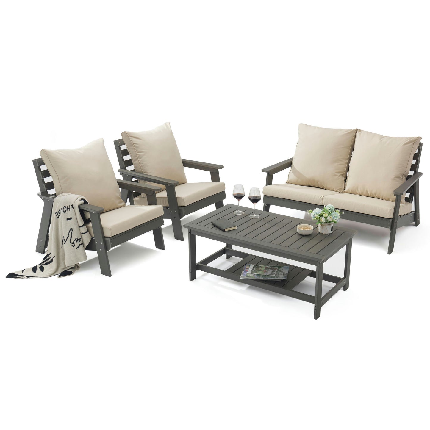 LeisureMod Alpine Poly Lumber 4-Piece Patio Conversation Set- Beige