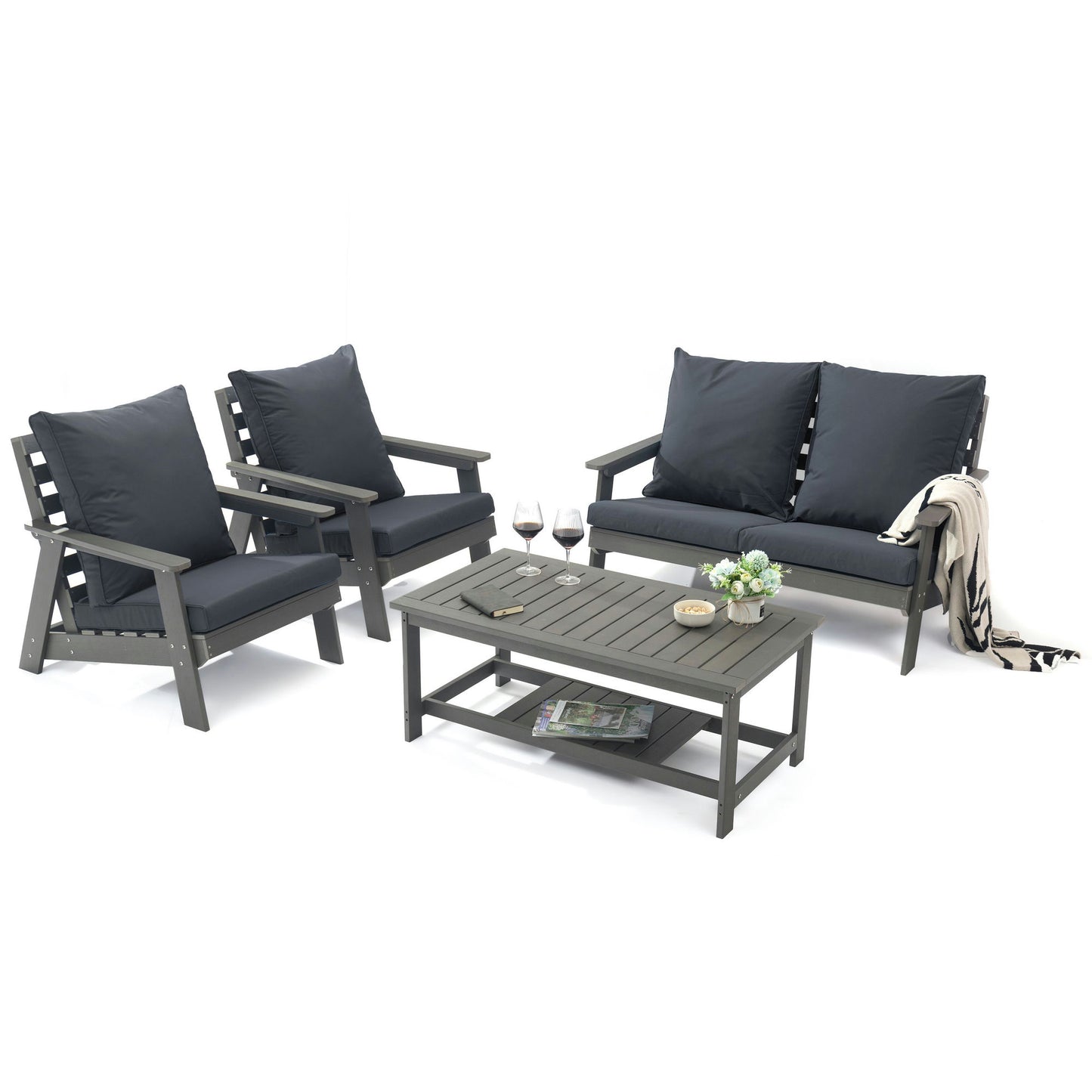 LeisureMod Alpine Poly Lumber 4-Piece Patio Conversation Set- Charcoal