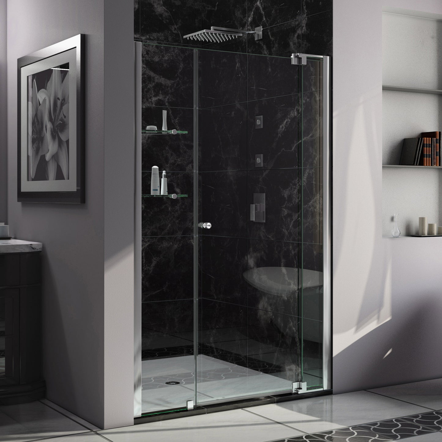 Allure 42-43 in. W x 73 in. H Frameless Pivot Shower Door in Chrome