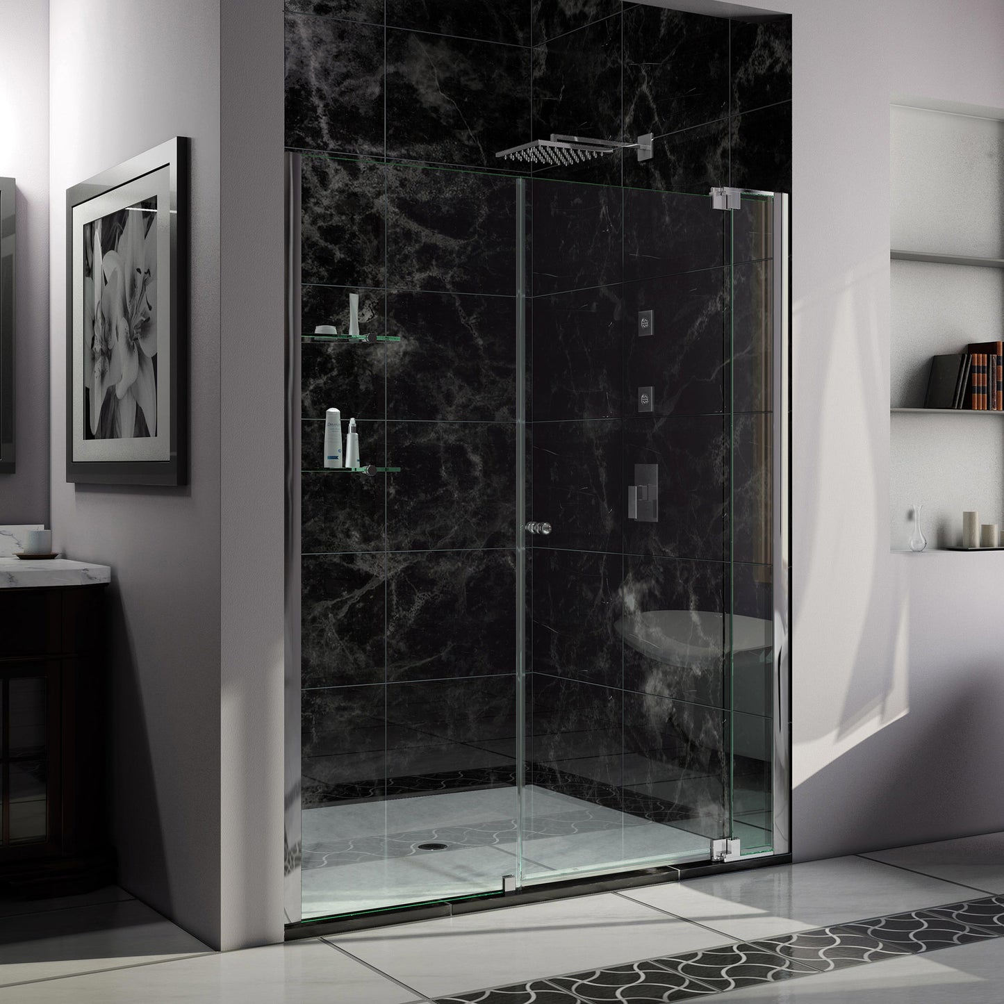 Allure 66-67 in. W x 73 in. H Frameless Pivot Shower Door in Chrome