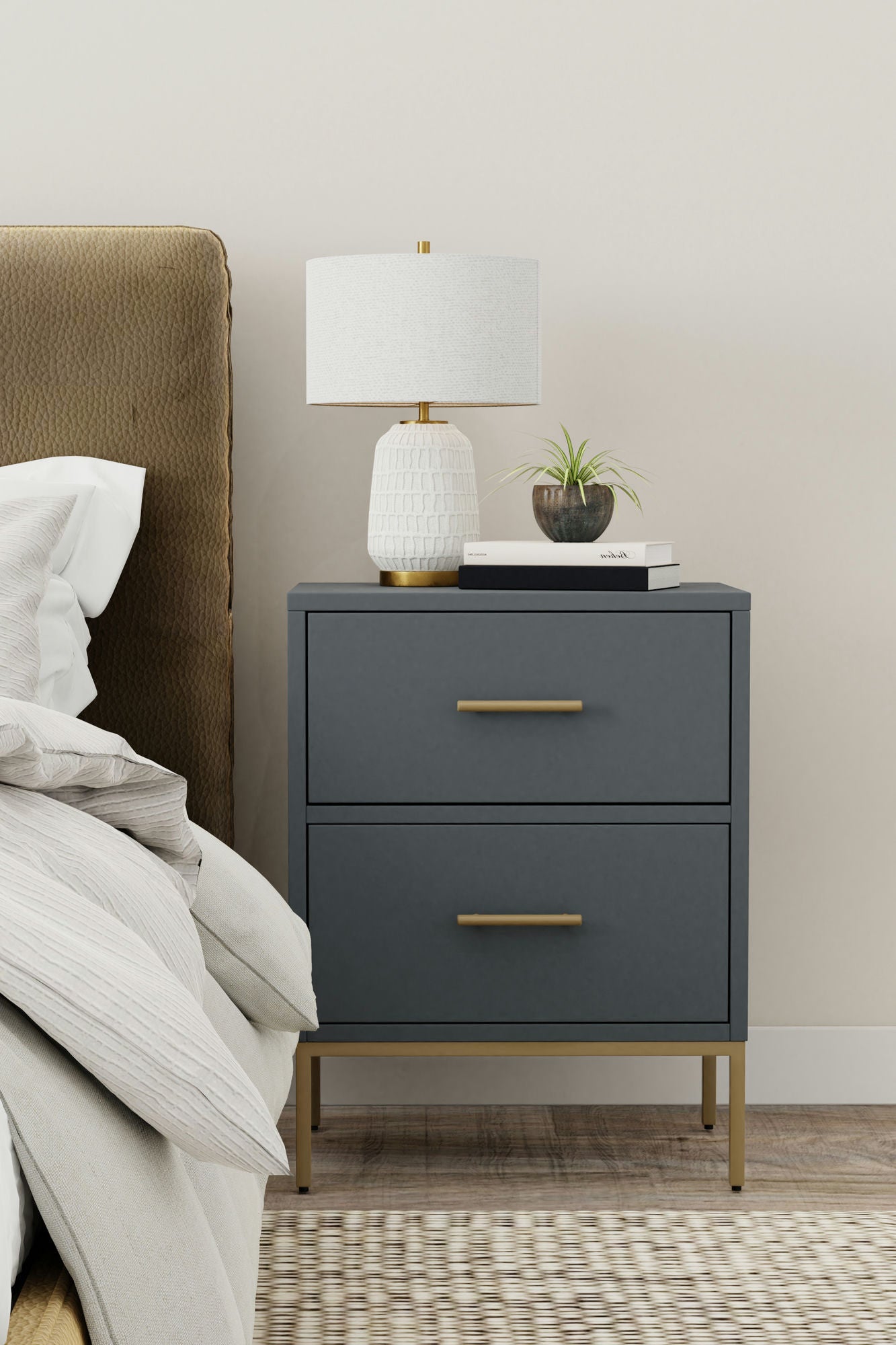 Alpine Furniture Madelyn Two Drawer Nightstand, Slate Gray