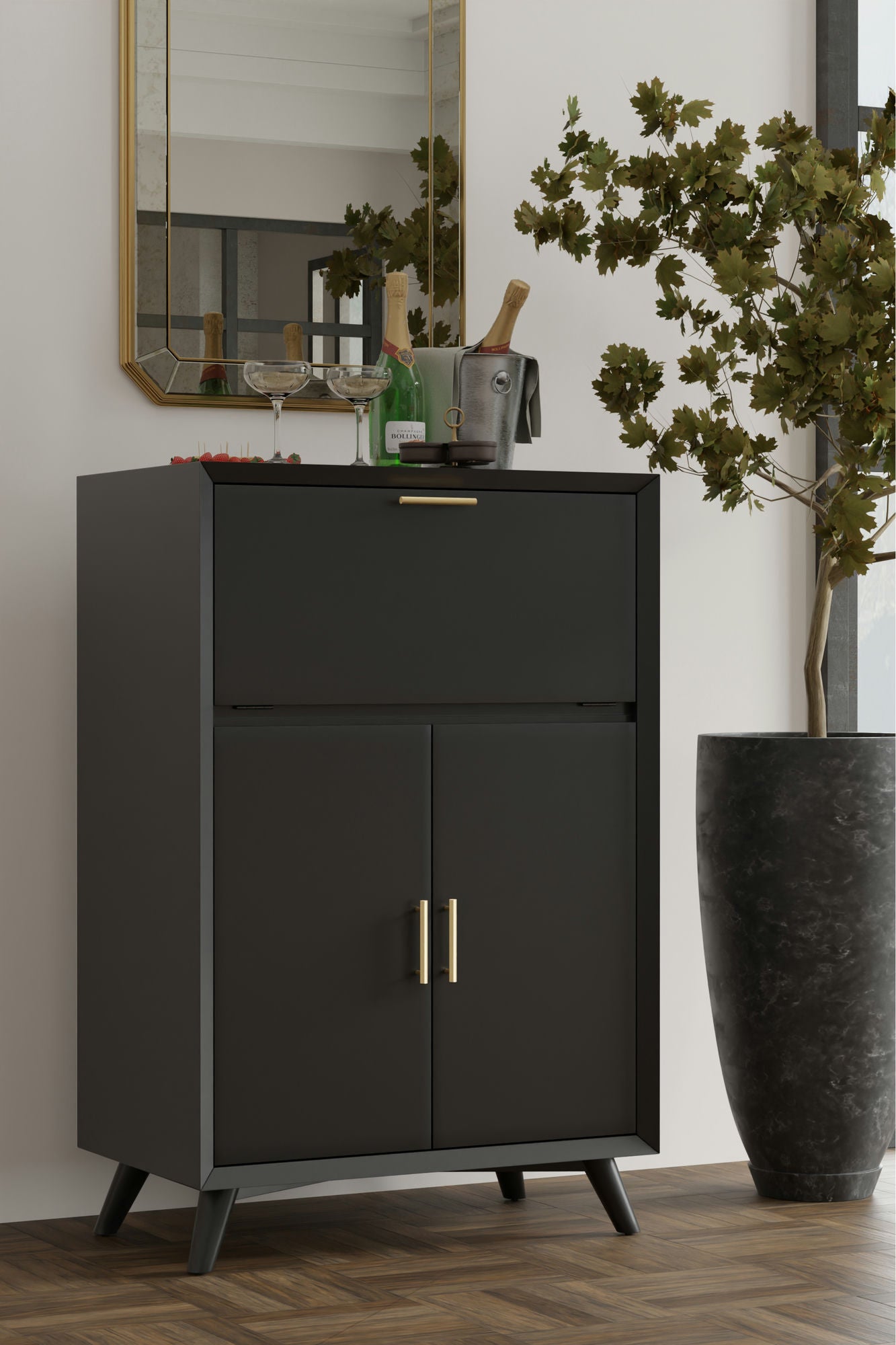 Alpine Furniture Flynn Large Bar Cabinet with Drop Down Tray, Black