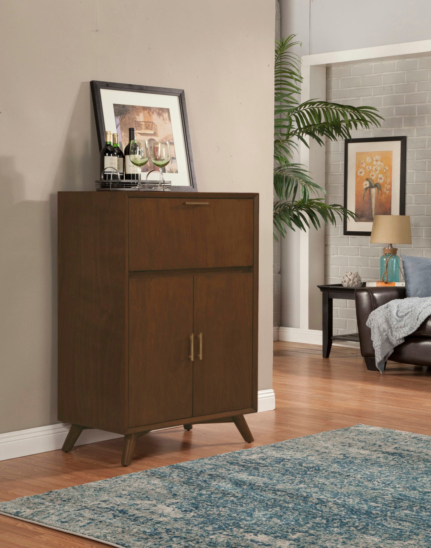 Alpine Furniture Flynn Large Bar Cabinet with Drop Down Tray, Walnut