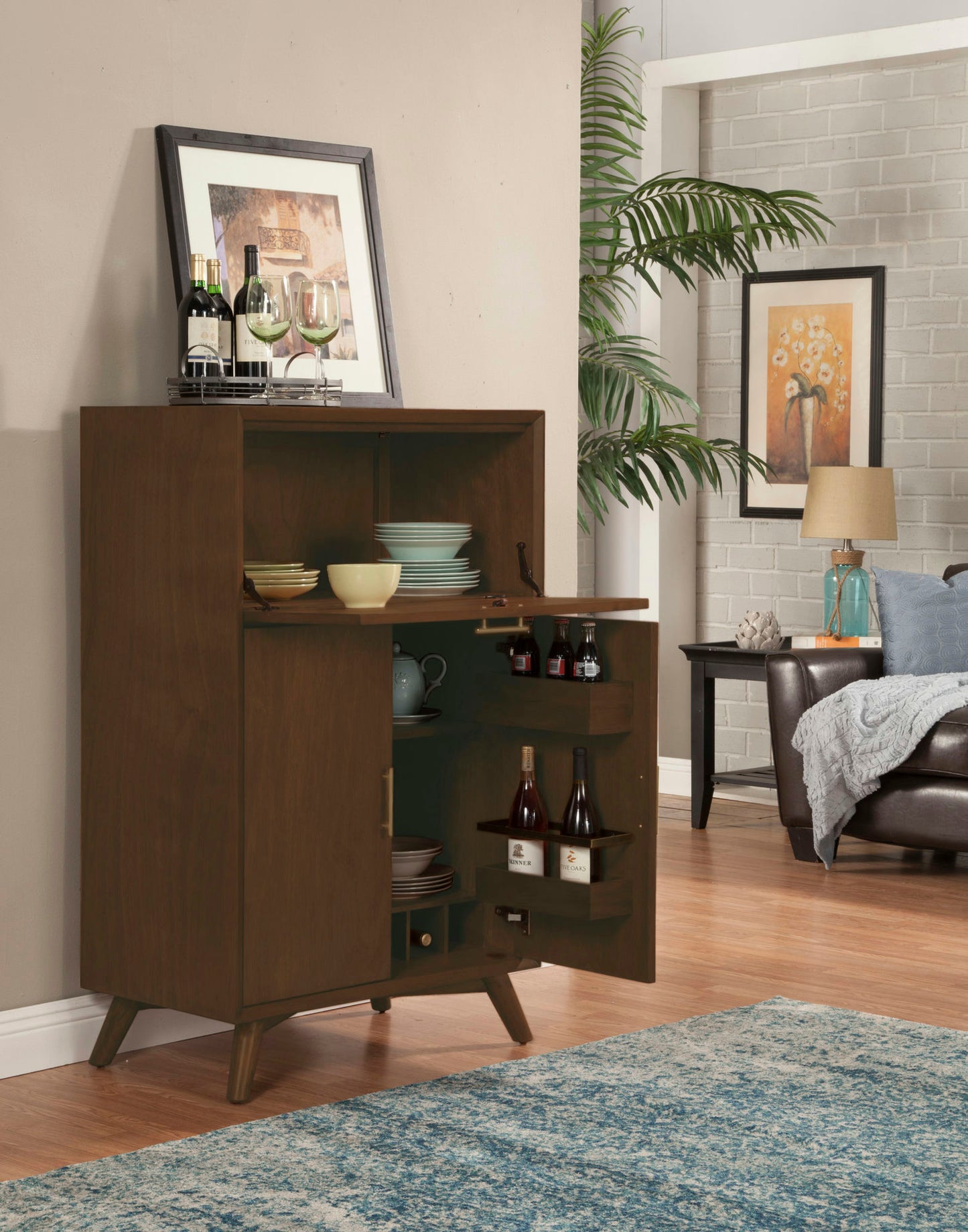 Alpine Furniture Flynn Large Bar Cabinet with Drop Down Tray, Walnut