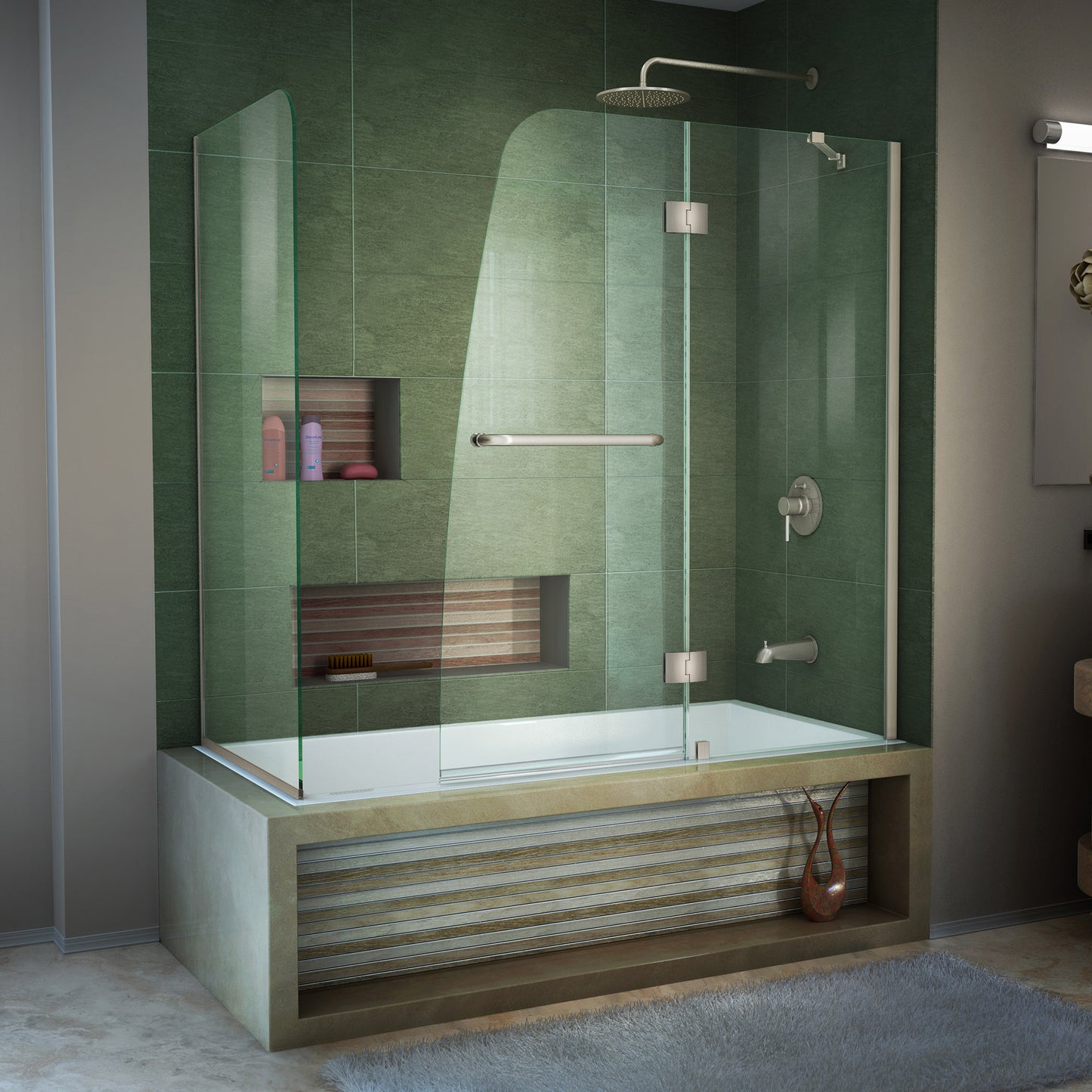 Aqua 56-60 in. W x 30 in. D x 58 in. H Frameless Hinged Tub Door with 30 in. Return Panel in Brushed Nickel