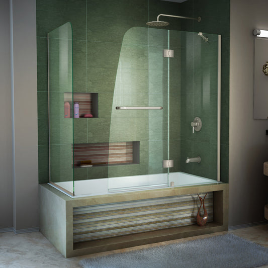 Aqua 56-60 in. W x 30 in. D x 58 in. H Frameless Hinged Tub Door with 30 in. Return Panel in Brushed Nickel