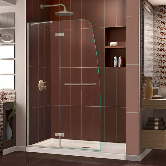 Aqua Ultra 32 in. D x 60 in. W x 74 3/4 in. H Frameless Shower Door in Brushed Nickel and Center Drain Biscuit Base Kit