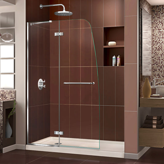 Aqua Ultra 34 in. D x 60 in. W x 74 3/4 in. H Frameless Shower Door in Chrome and Left Drain Biscuit Base Kit