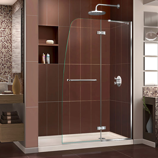 Aqua Ultra 34 in. D x 60 in. W x 74 3/4 in. H Frameless Shower Door in Chrome and Right Drain Biscuit Base Kit