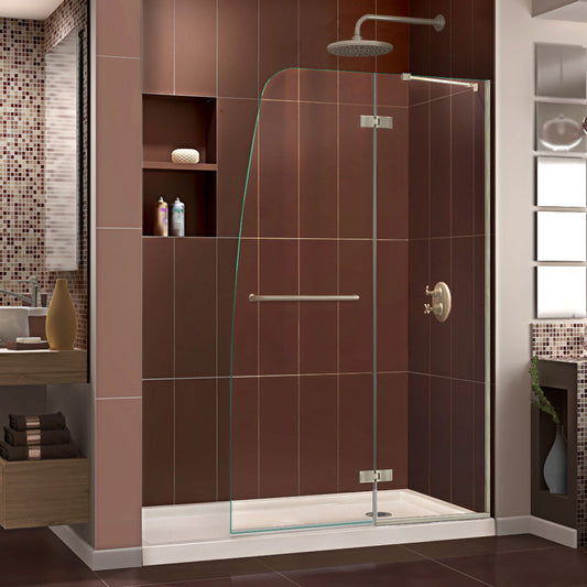 Aqua Ultra 34 in. D x 60 in. W x 74 3/4 in. H Frameless Shower Door in Brushed Nickel and Right Drain Biscuit Base Kit