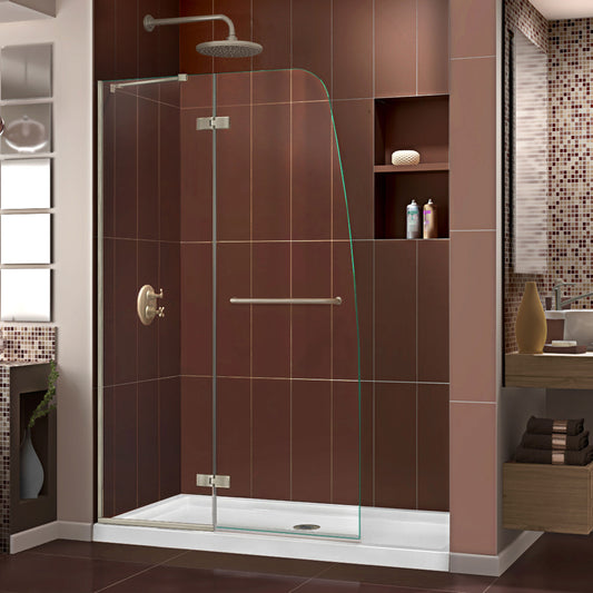 Aqua Ultra 45 in. W x 72 in. H Frameless Hinged Shower Door in Brushed Nickel