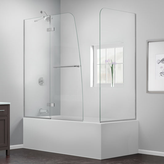 Aqua Ultra 57-60 in. W x 30 in. D x 58 in. H Frameless Hinged Tub Door with Return Panel in Brushed Nickel