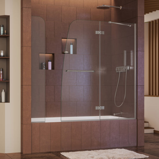 Aqua Ultra 57-60 in. W x 58 in. H Frameless Hinged Tub Door with Extender Panel in Brushed Nickel